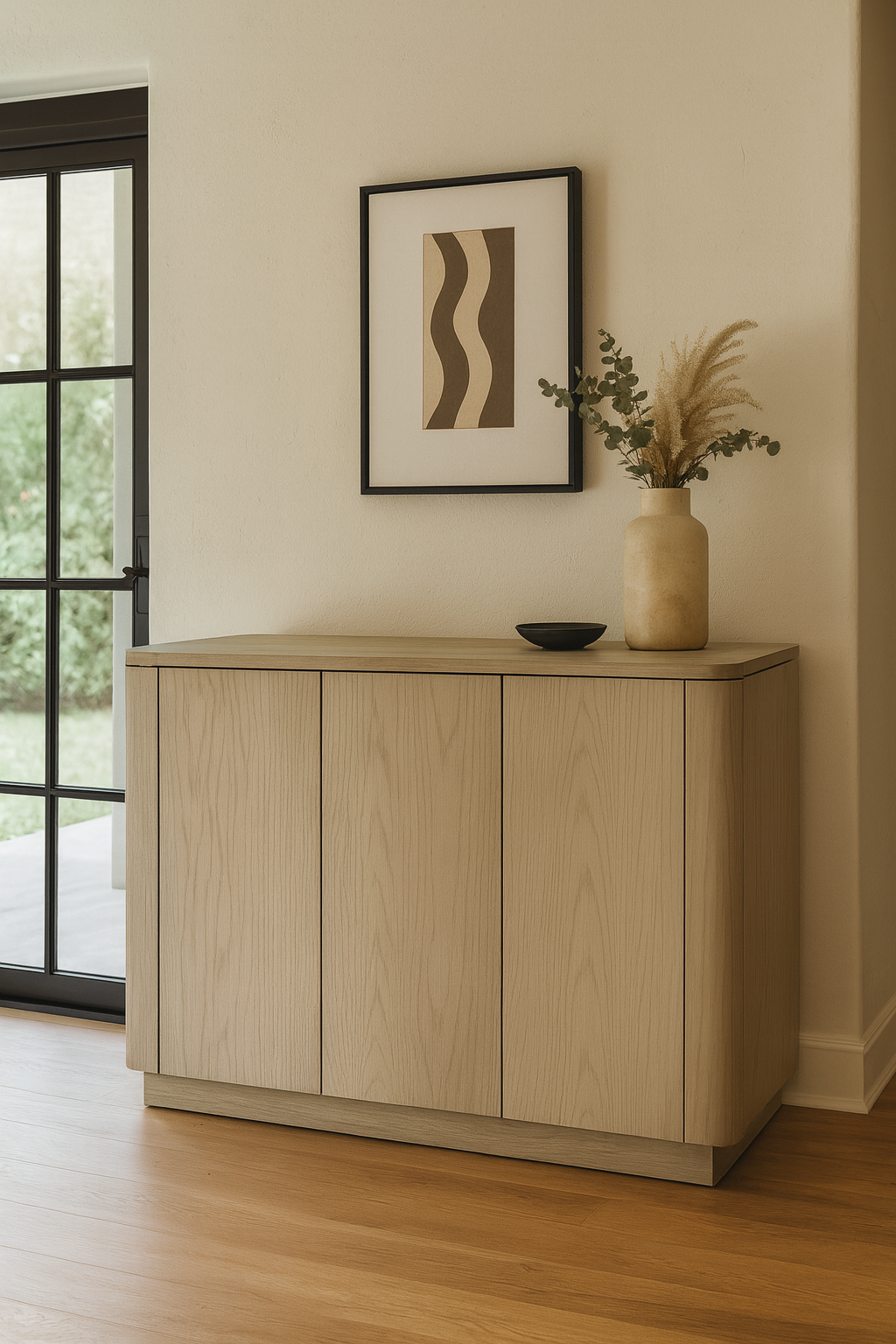 Cajonera moderna fabricada en madera de encino color gris claro, con vetas naturales visibles y acabado mate