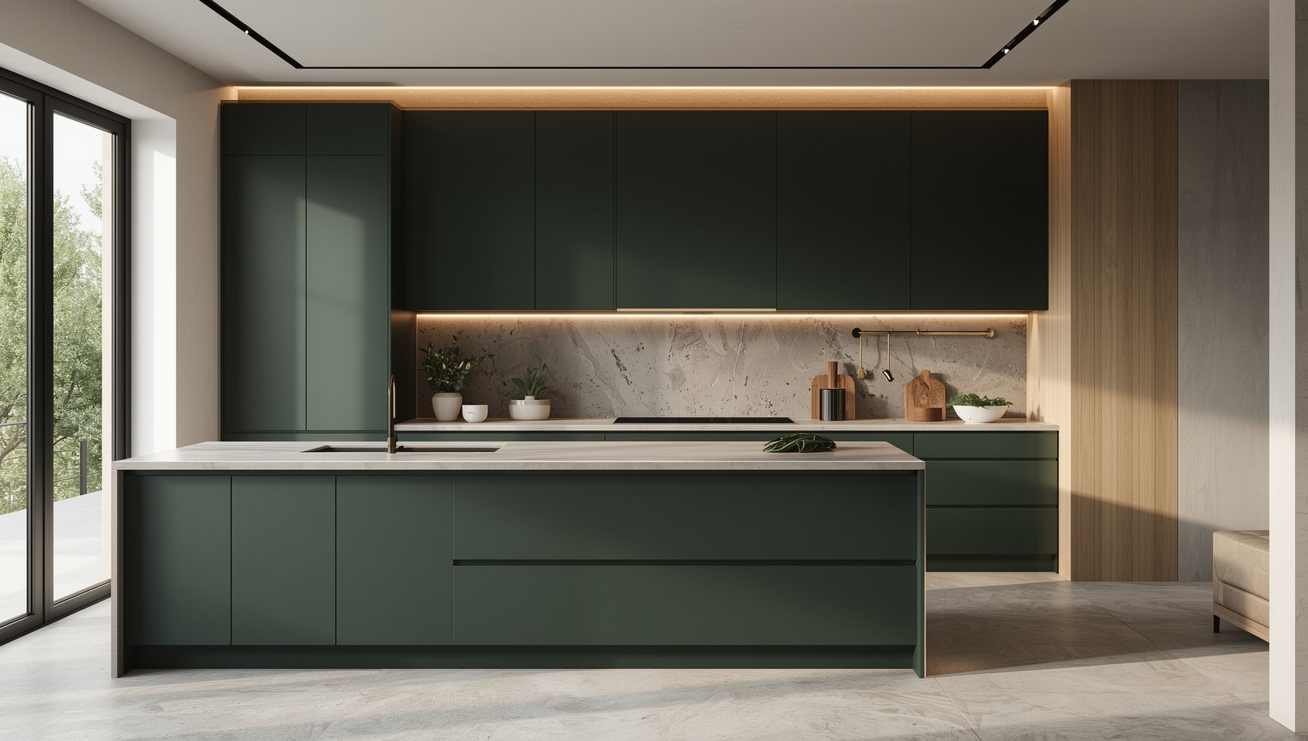 Moderne skandinavisk luksuriøst grønt kjøkken med naturlige materialer og elegant design