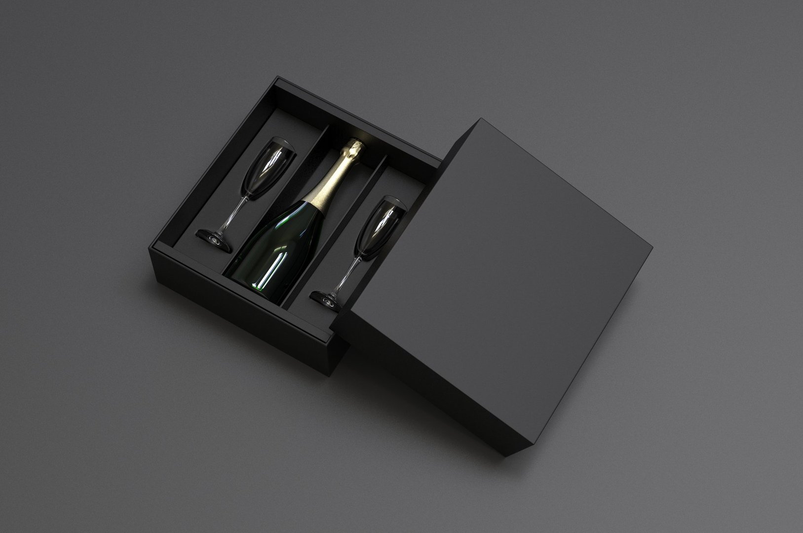 Blank Champagne Bottle with wooden Box with flute glass 3d illustration.