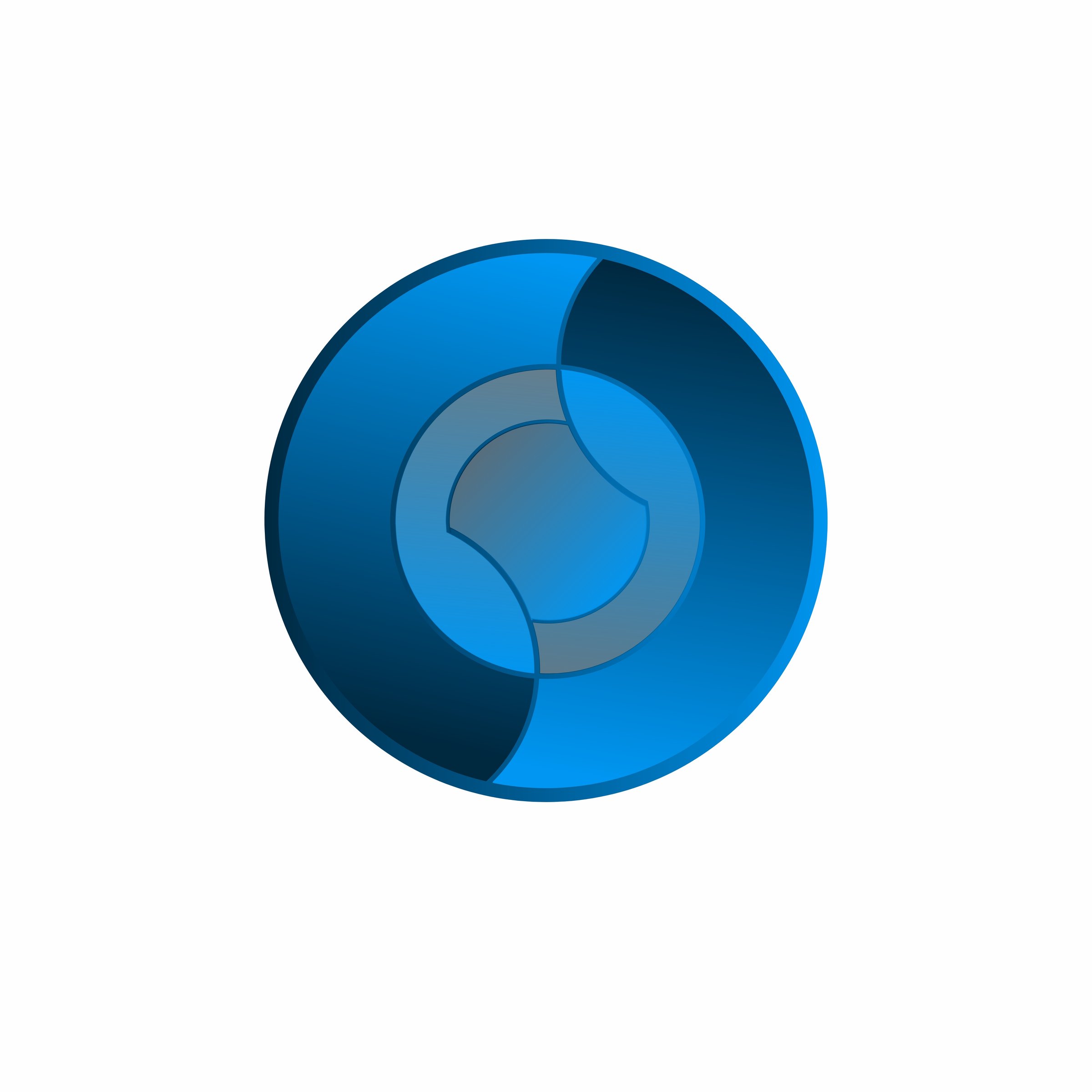 A high-resolution image of a futuristic, abstract logo design. The symbol is a circular shape in varying shades of blue, with a dynamic, stylized inner core in gray.