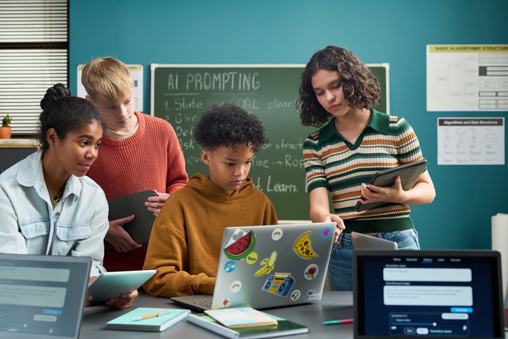 Group of multiethnic teenagers collaborating on laptop in classroom, one Caucasian teenage girl explaining concept to classmates, digital devices and educational charts visible