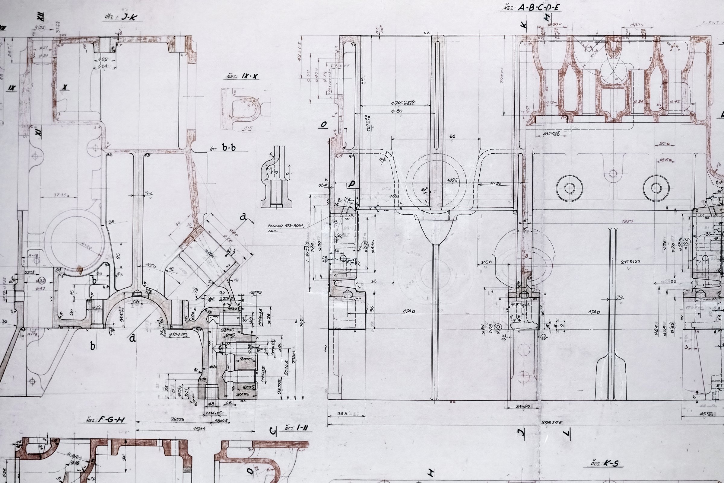 Grungy old technical blueprint illustration on faded paper background
