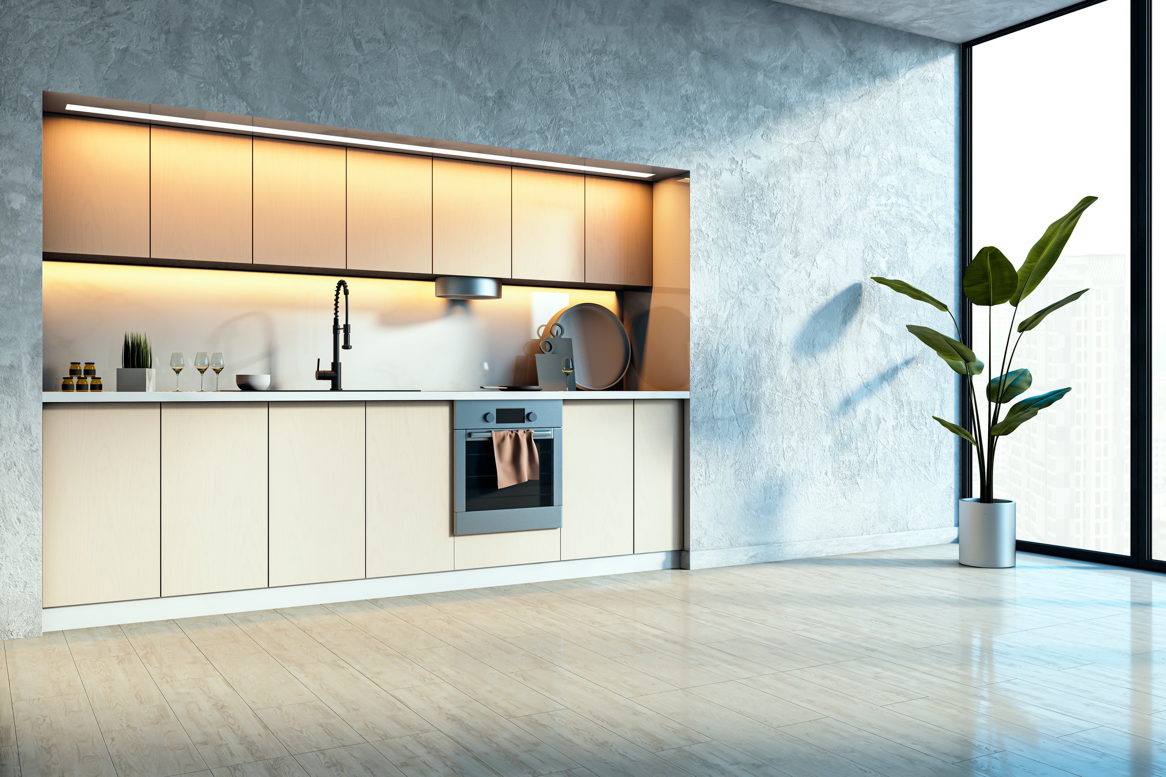 Sleek minimalist kitchen with beige cabinets, black fixtures, concrete wall, wooden floor, potted plant, large window, bright morning light. 3D Rendering.