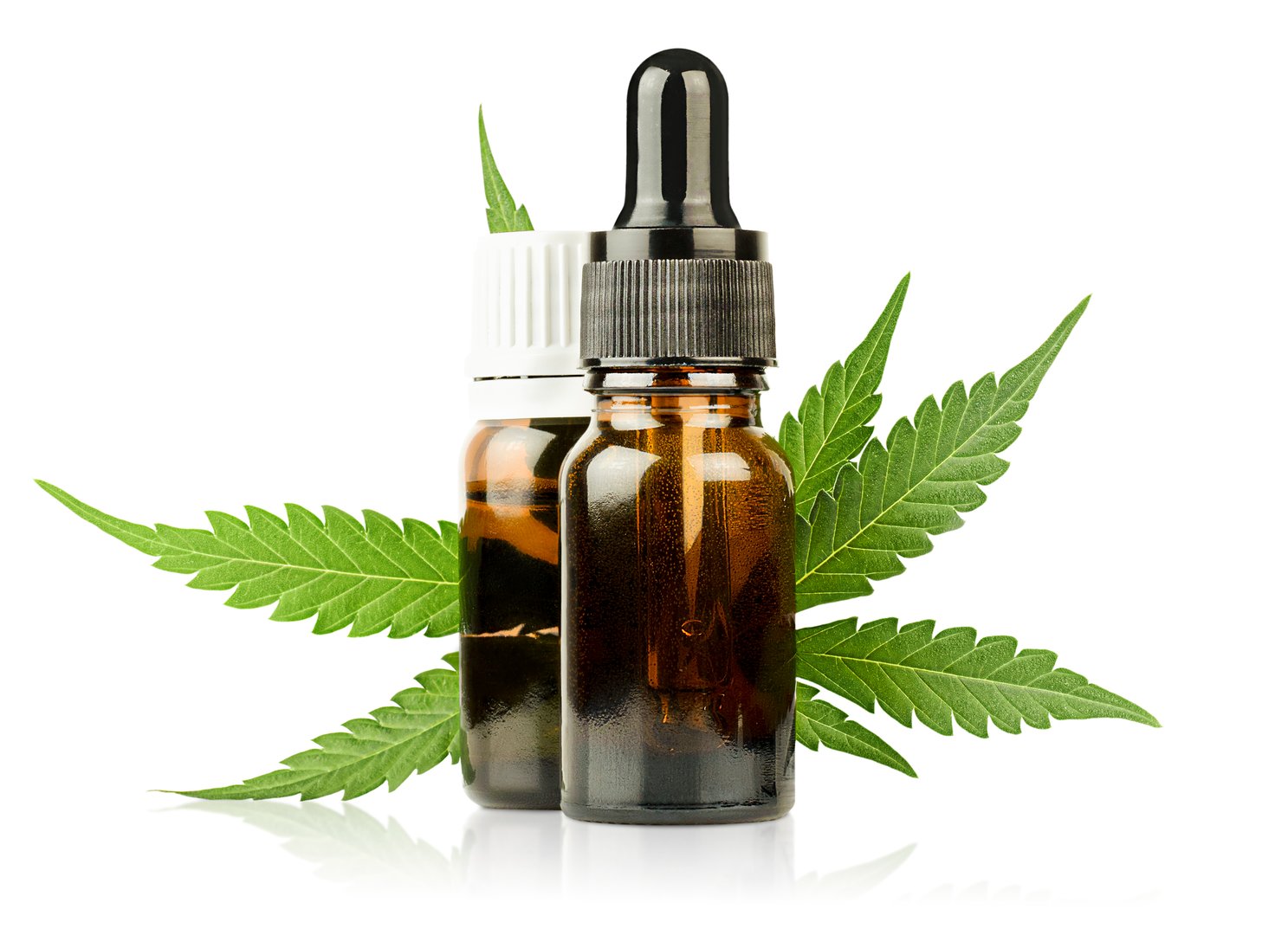 two vials with cbd oil and marijuana leaves on white isolated background