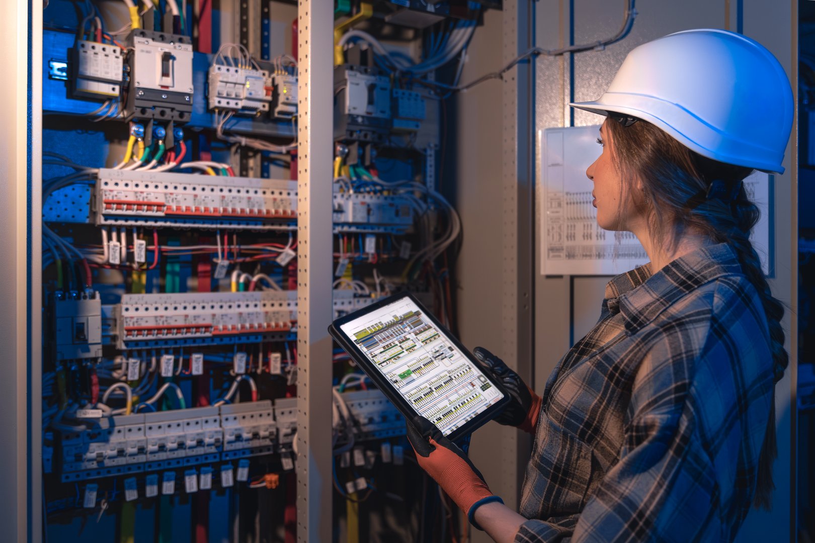 A woman electrician in hardhat uses a tablet while examining cables and breakers inside an industrial switchgear cabinet. Blue night lighting supports themes of reliability, automation and digital inspection.