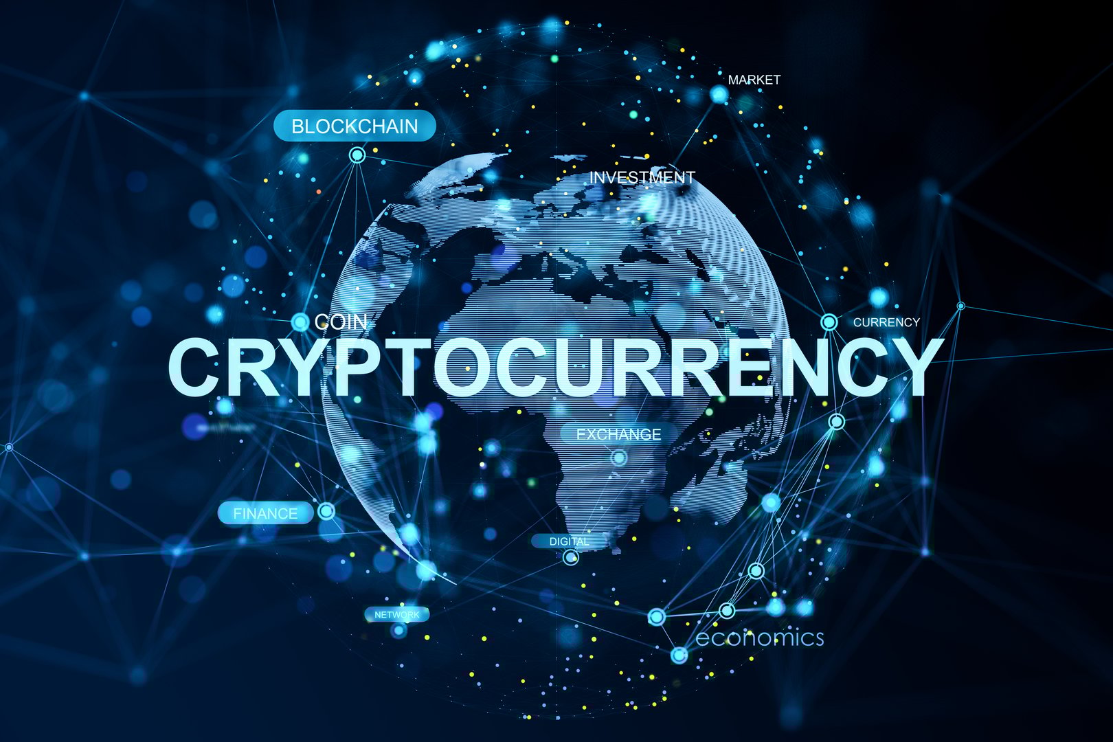 Digital cryptocurrency design featuring a glowing Earth, blockchain nodes, and data connections on a dark background. Concept of global finance. 3D Rendering