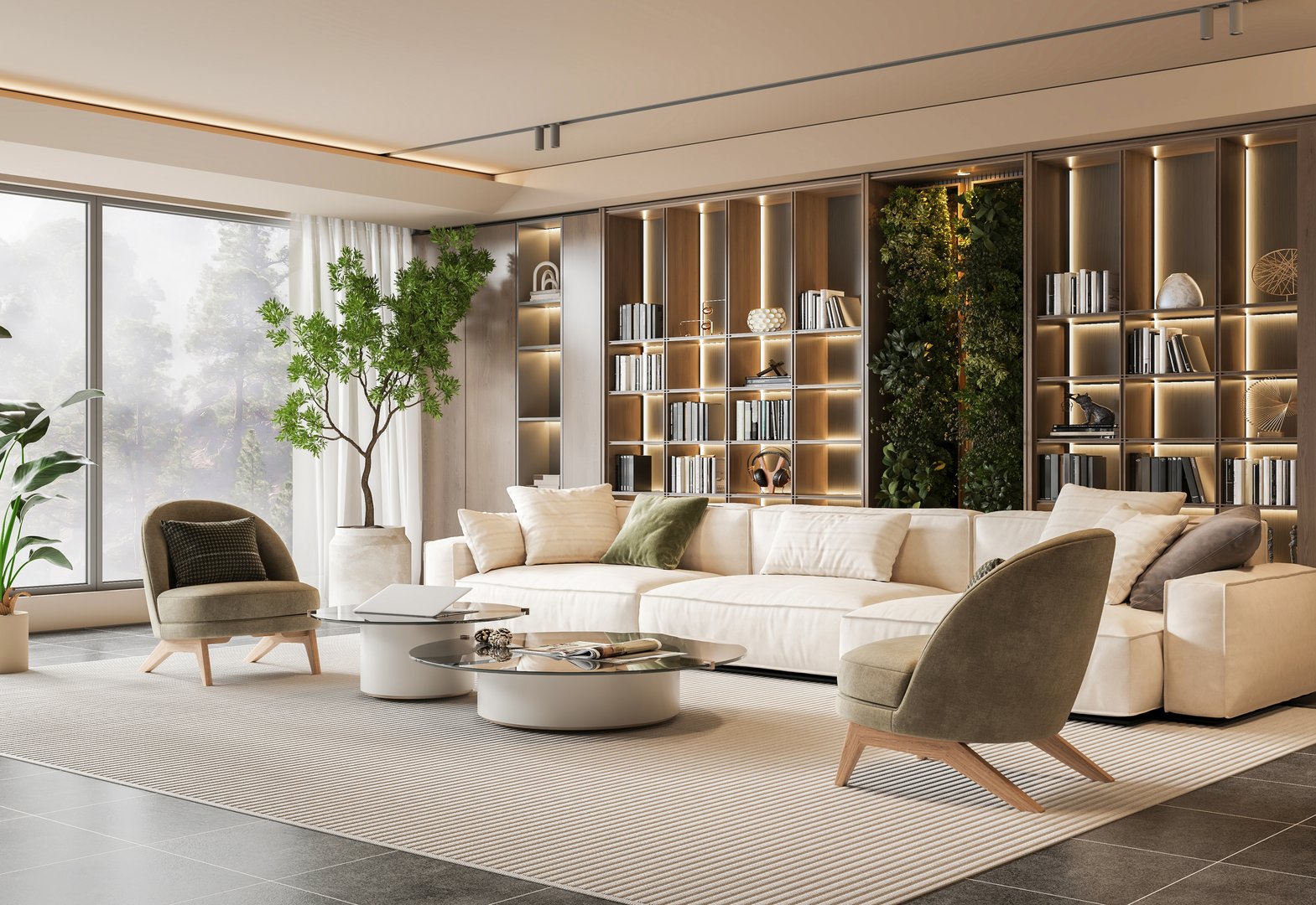 The images showcase an elegantly designed and spacious modern living room that exudes comfort and style. 3D render