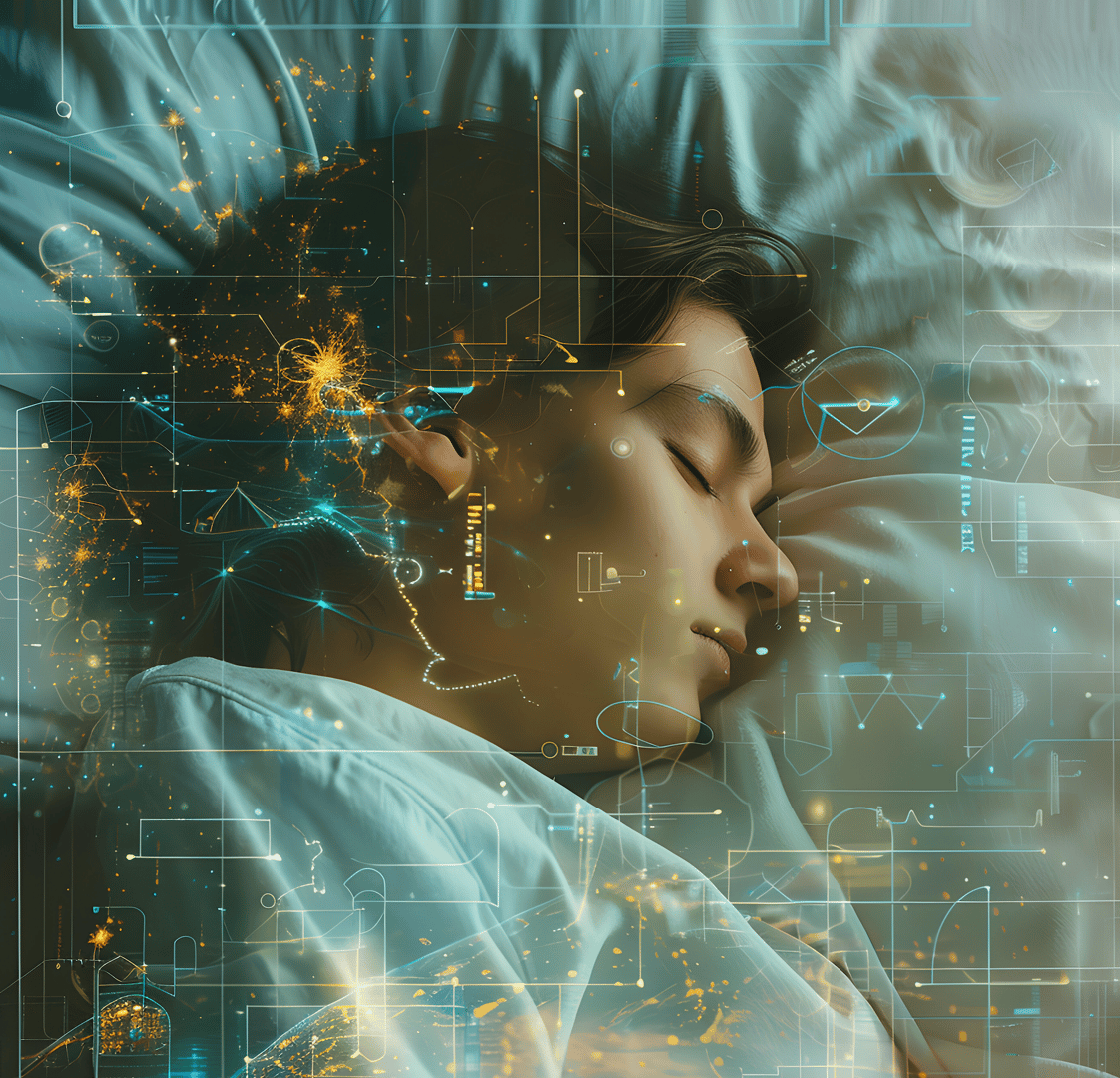 Person sleeping with digital and abstract data graphics overlaying the image, suggesting a connection to technology.