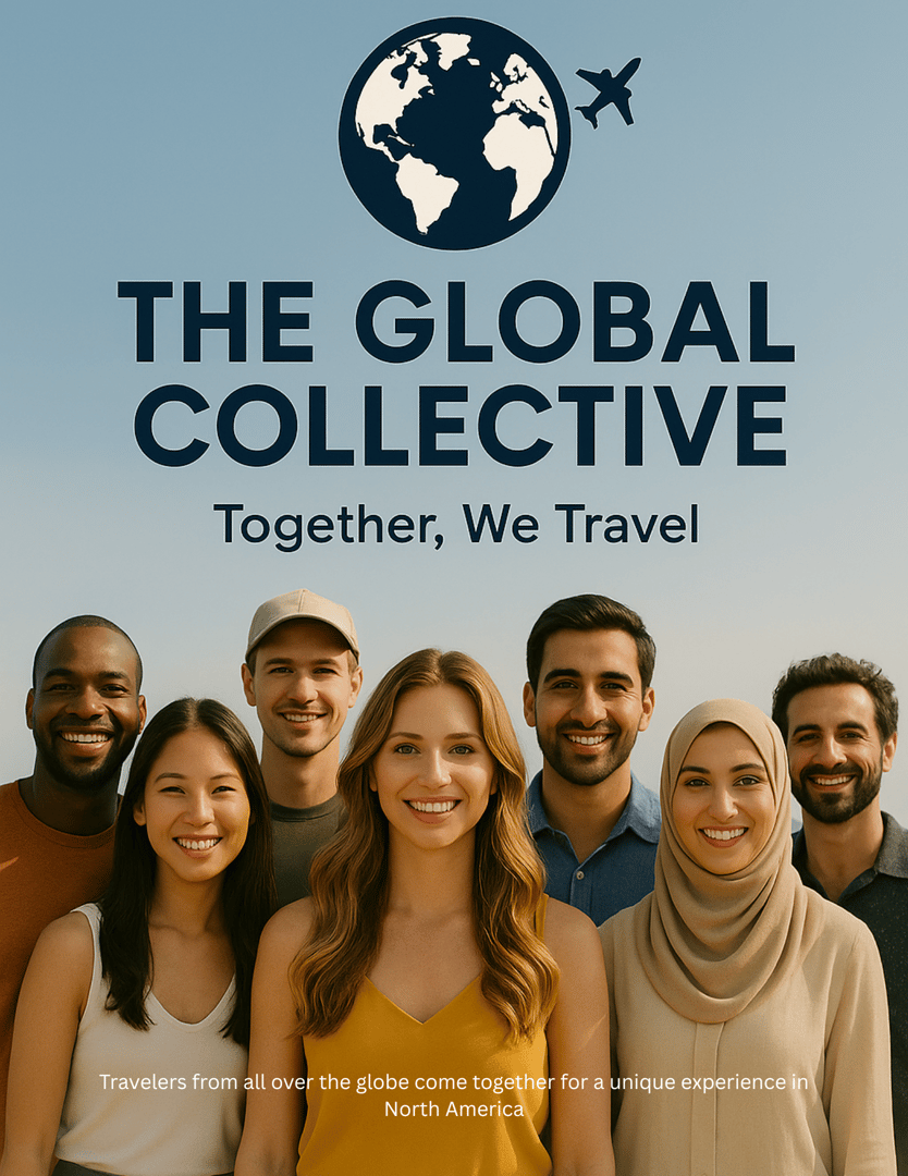 Diverse group of smiling people below text reading The Global Collective: Together, We Travel with a globe and airplane icon.