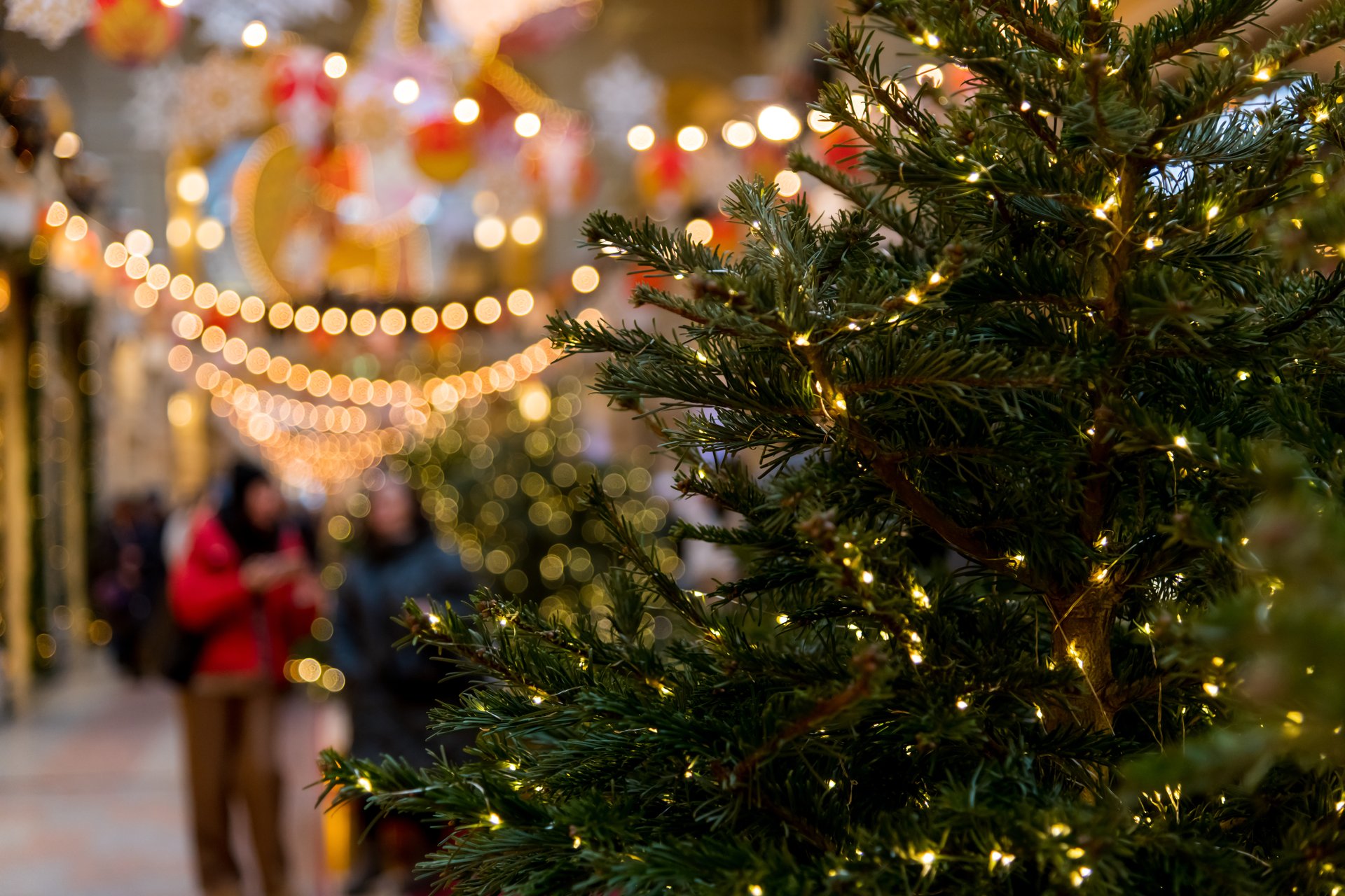 Shopping area with twinkling lights