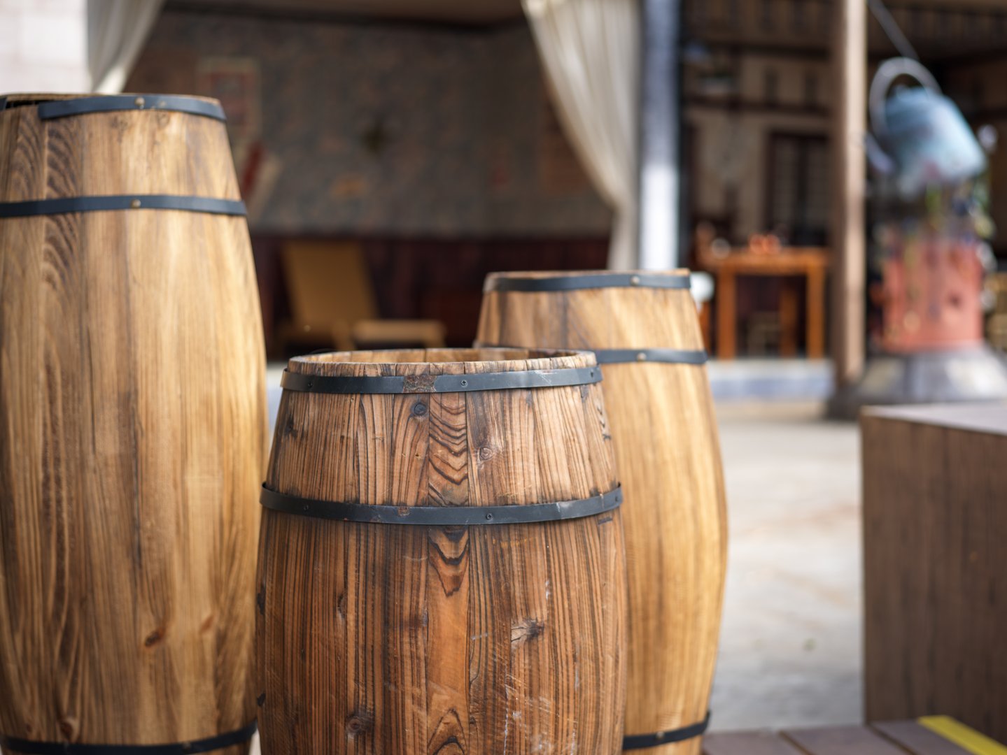 Wooden Barrels in Outdoor Scene