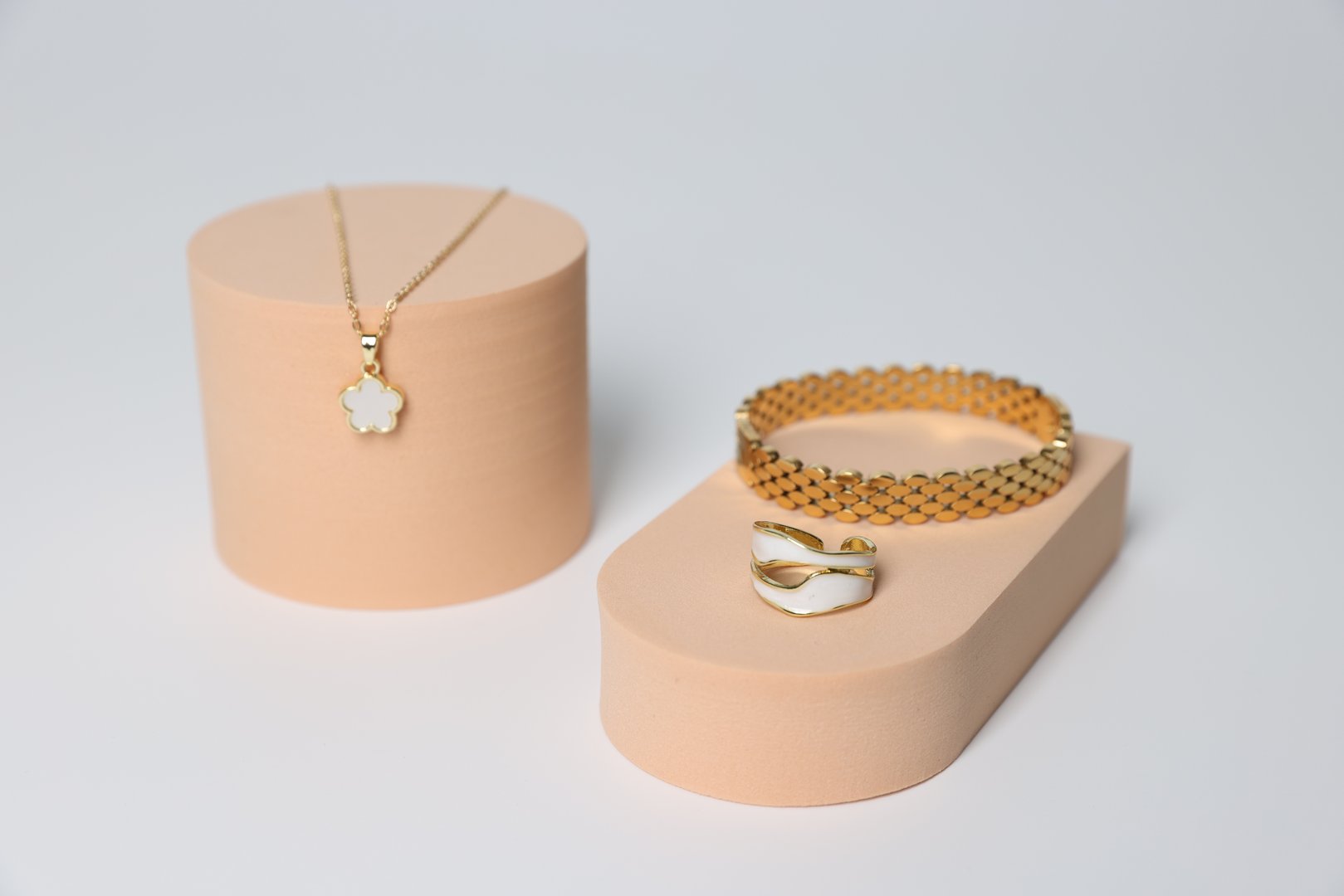 Stylish presentation of beautiful bijouterie on light background