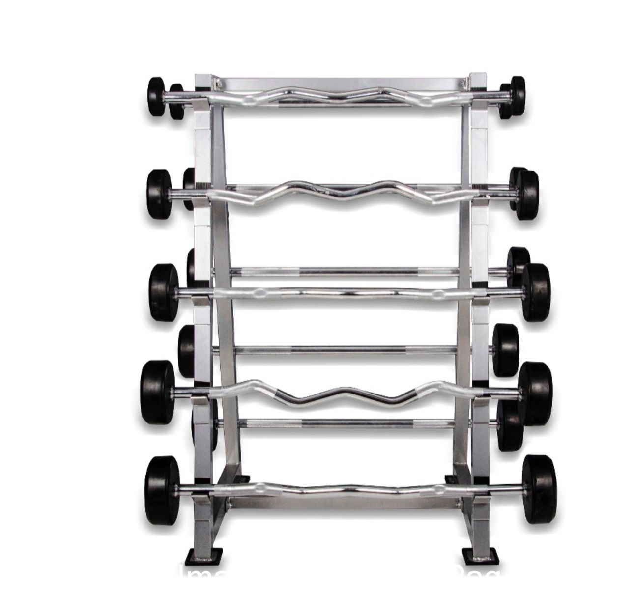 A weight rack holding multiple barbells with varying weights, featuring both straight and EZ curl bars.