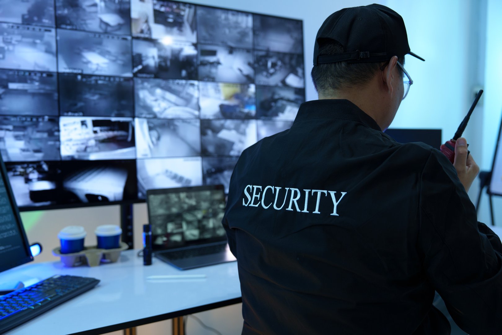 Security officers are checking the TV screen of the CCTV system.
