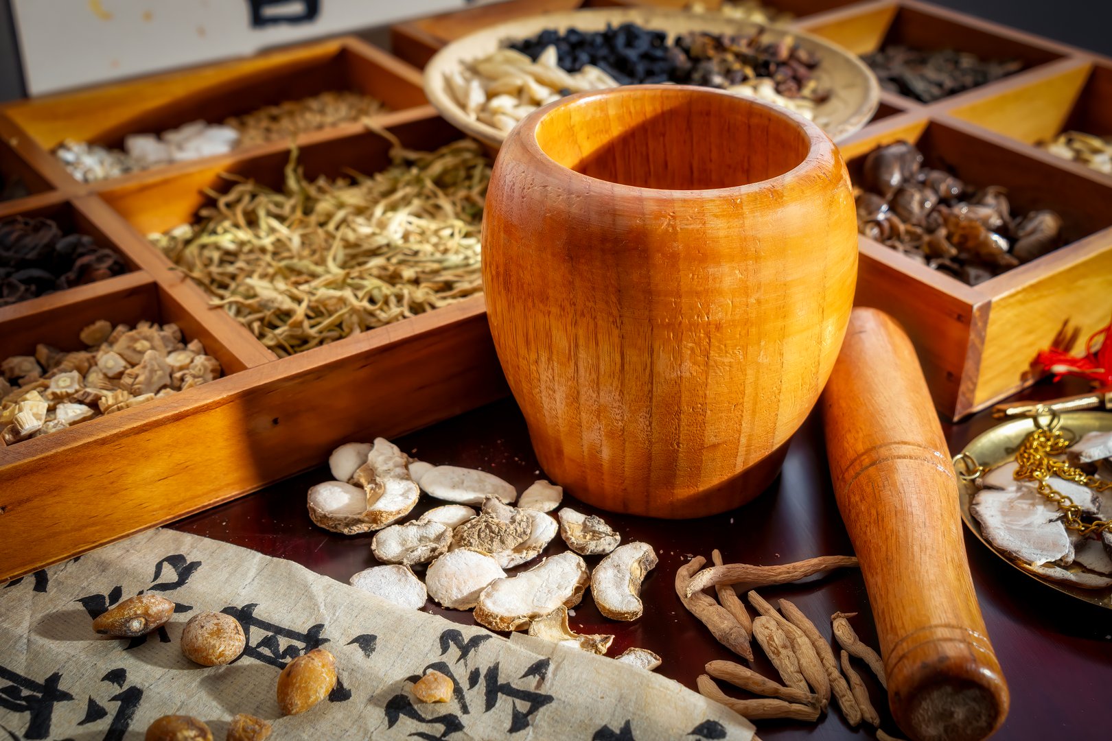 Traditional Herbal Medicine Display with Mortar and Pestle