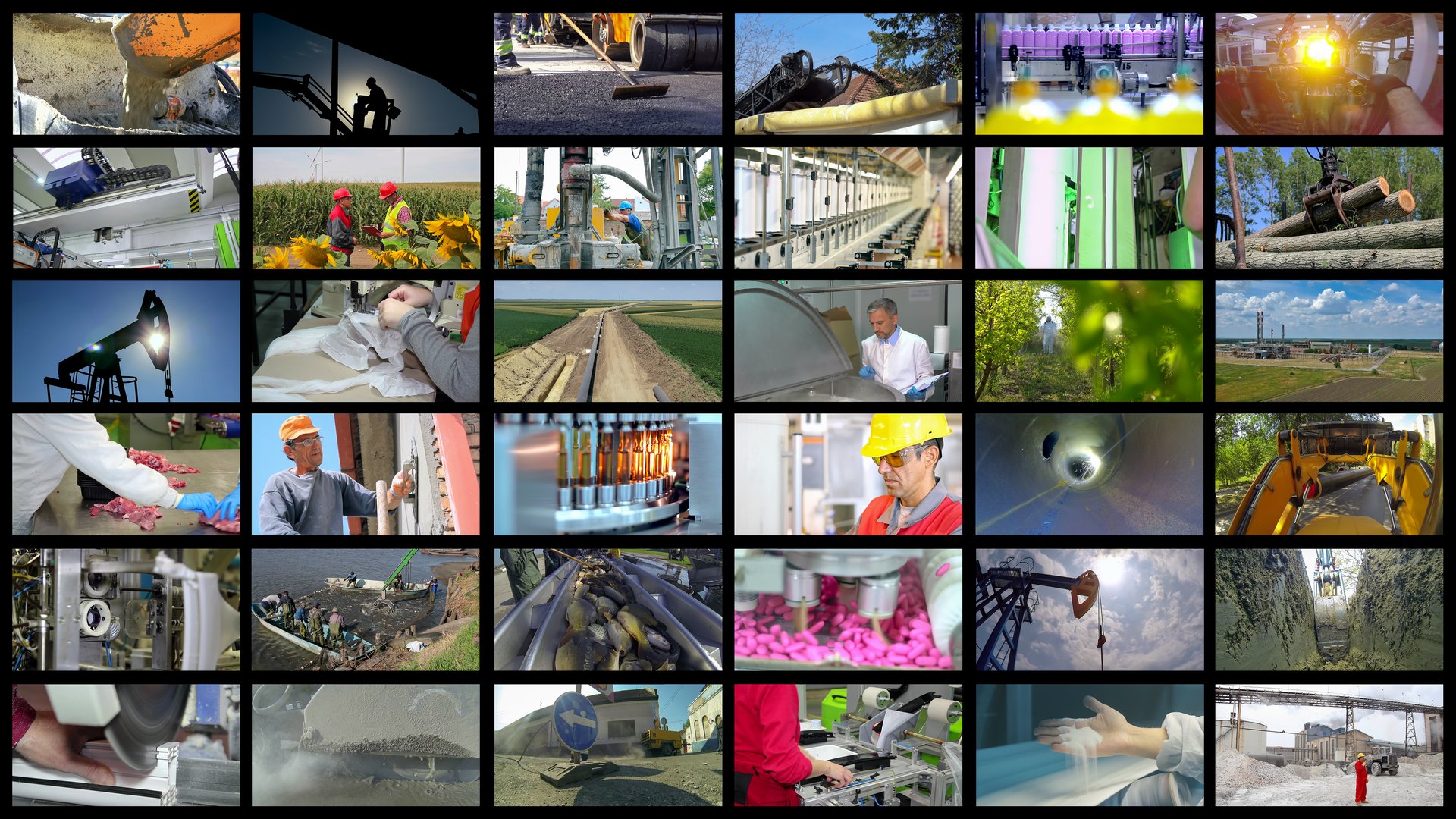 Industrial Multi Screen Conceptual Photo. Collage of Photographs Showing People of Different Professions at Work. Video Wall Collage - Industrial Production.