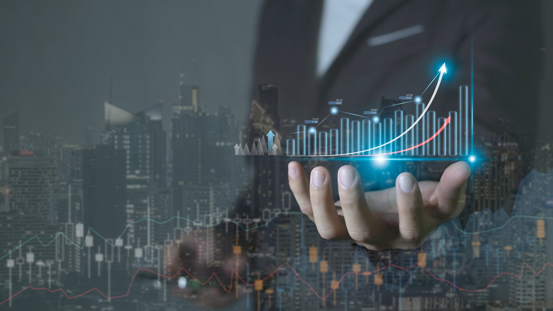 Businessman working with digital finance business data graph showing technology of investment strategy for smart financial business decisions