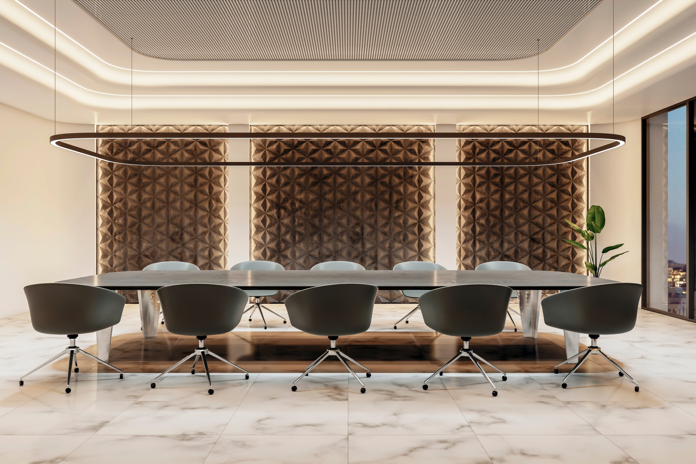 Modern conference room interior with a large table, chairs, and decorative lighting, on a marble floor against textured walls, concept of professional meeting space. 3D Rendering