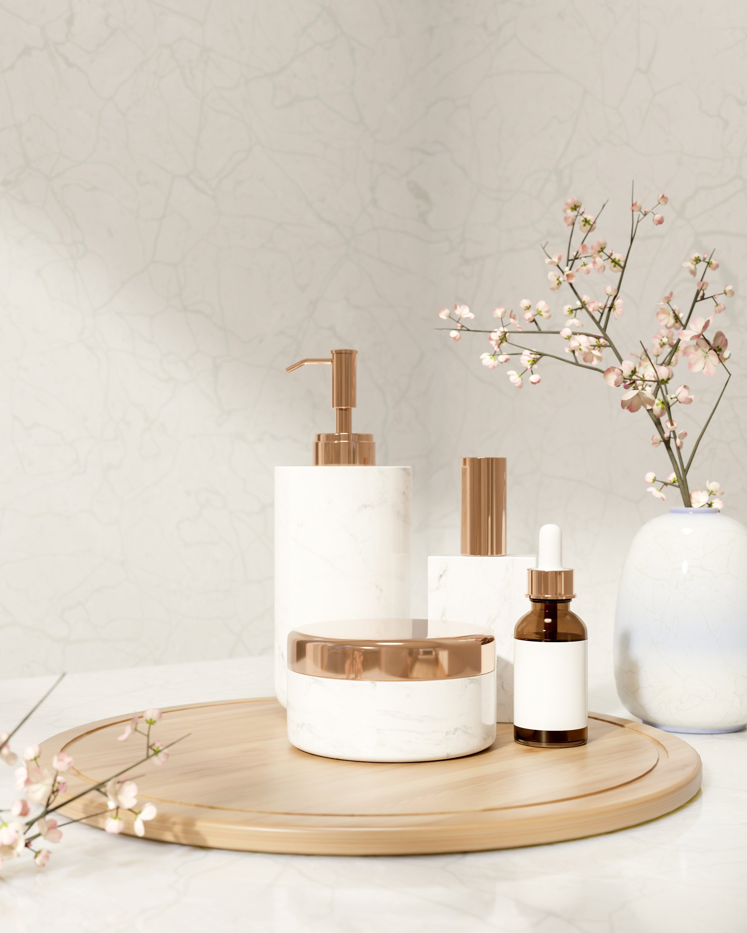 Cream jar and dropper bottle and perfume lotion on wooden tray over white marble with sakura flower. Advertising Mockup, 3D Rendering, 3D Illustration.