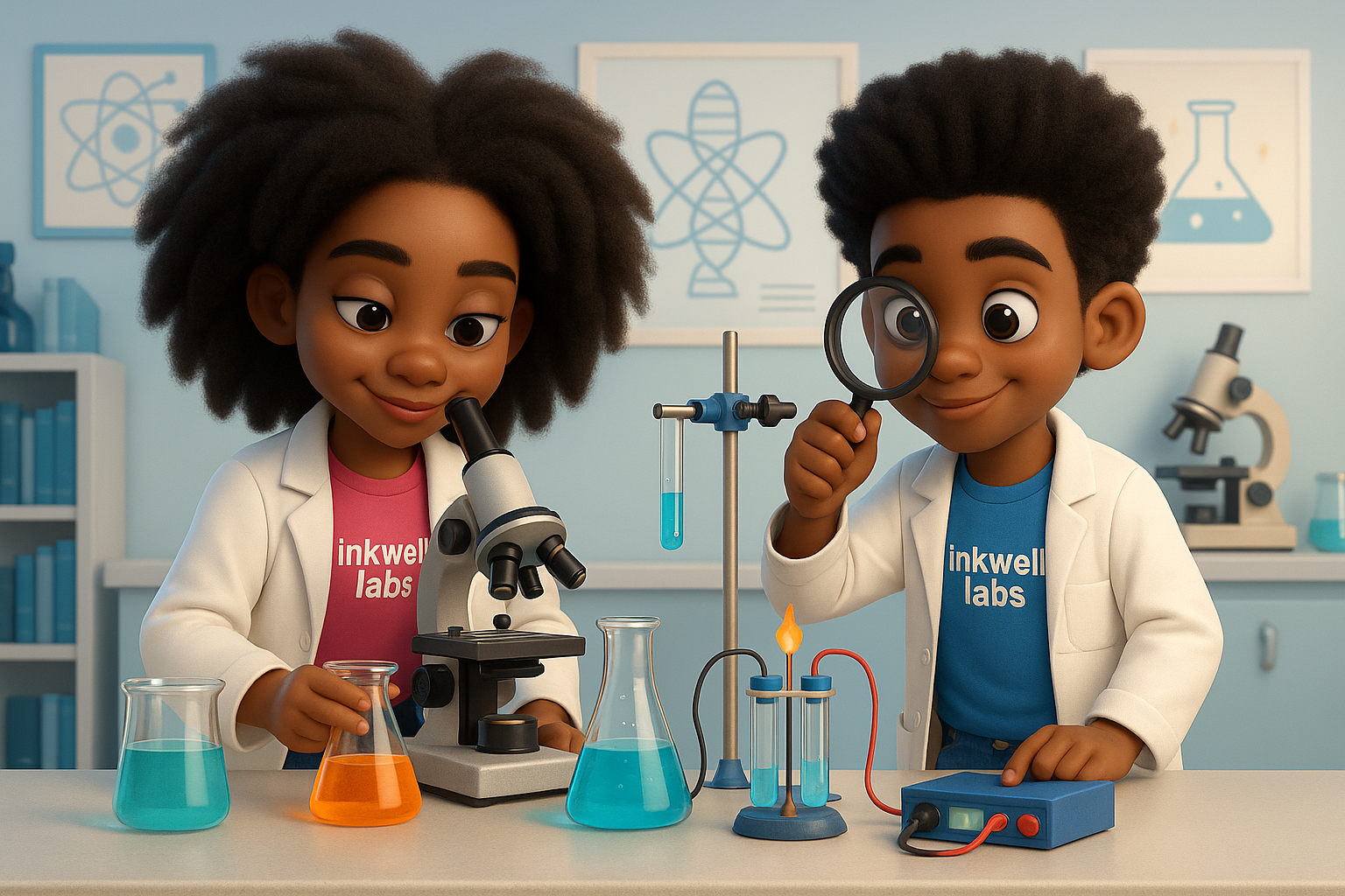 A group of diverse students engaged in hands-on learning activities at Inkwell Academy, showcasing our interactive educational approach