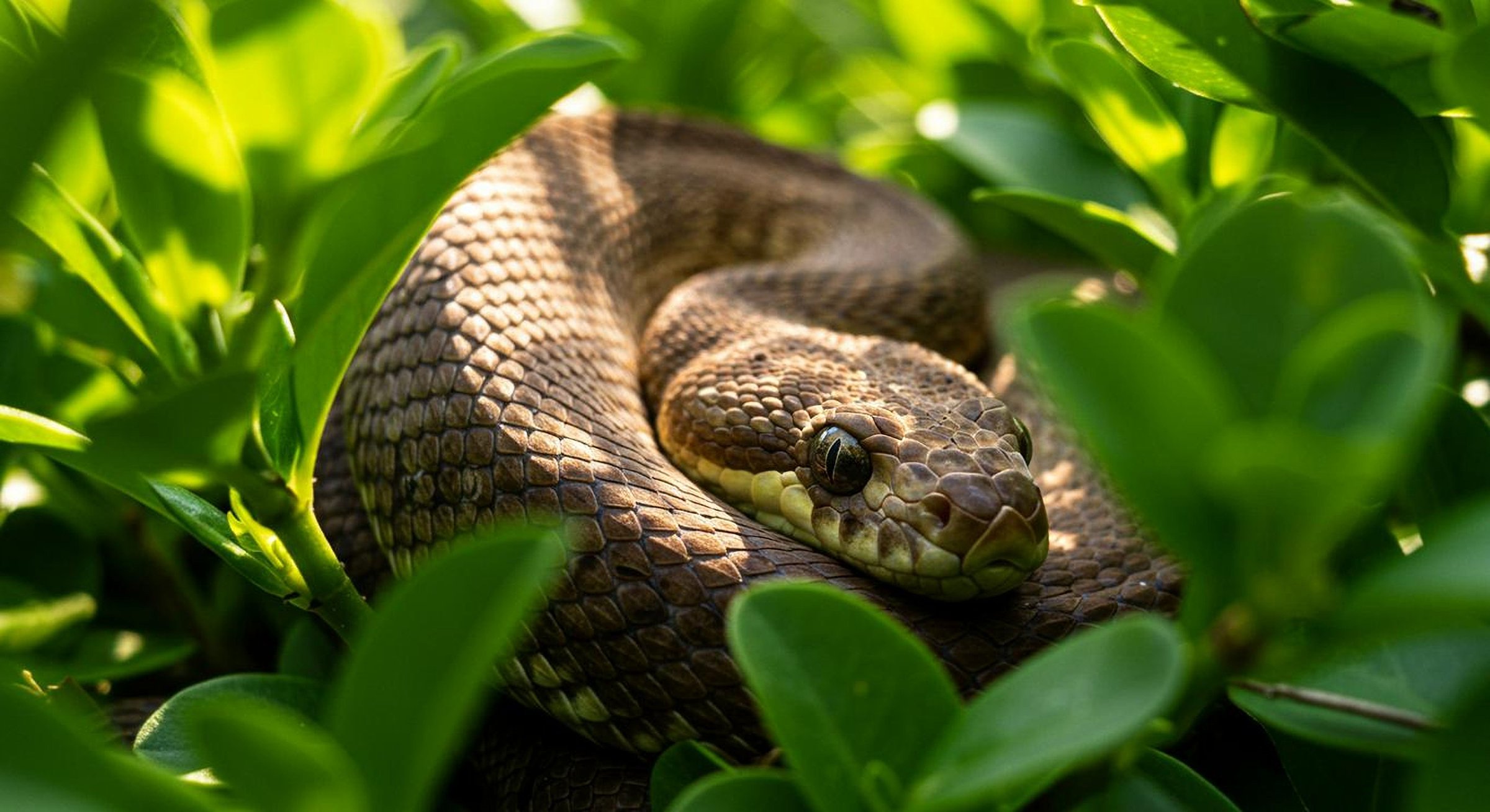 A close-up of a snake coiled among vibrant green leaves, highlighting its textured scales and natural habitat