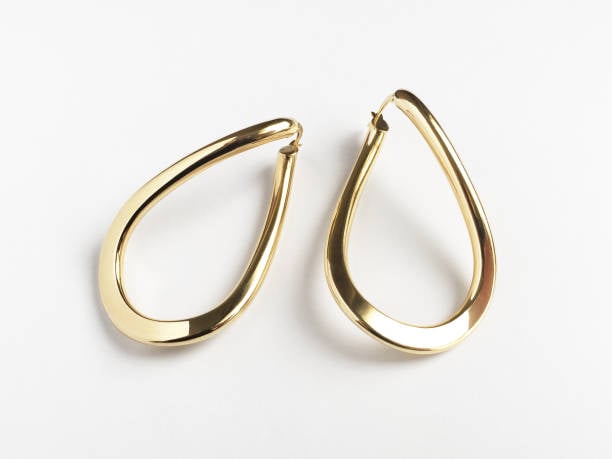 Pair of gold teardrop-shaped earrings on a white background.