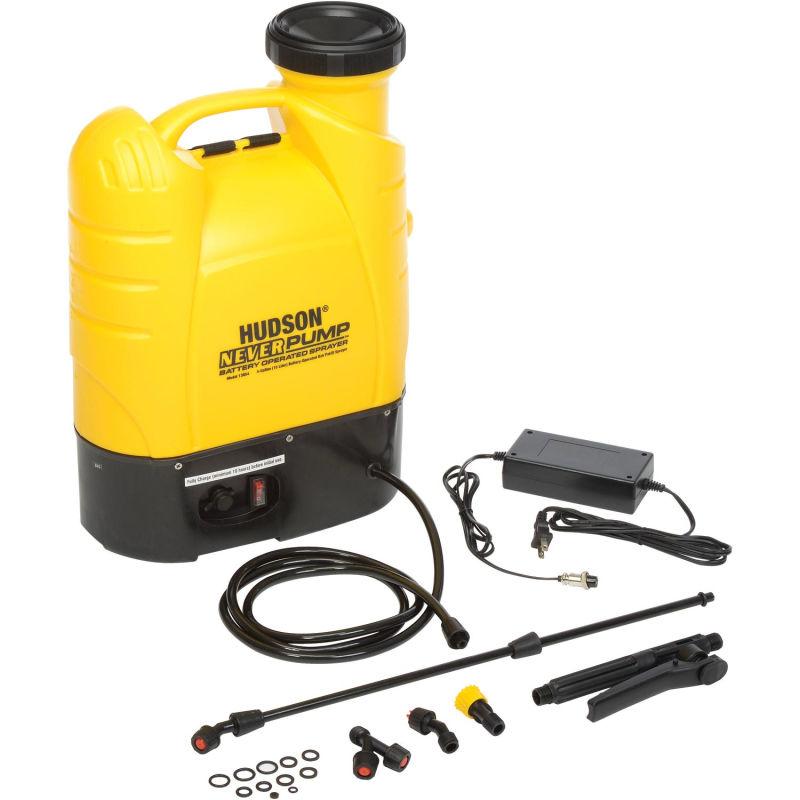 Yellow and black Hudson backpack sprayer with accessories including a charger, hose, nozzles, and O-rings.