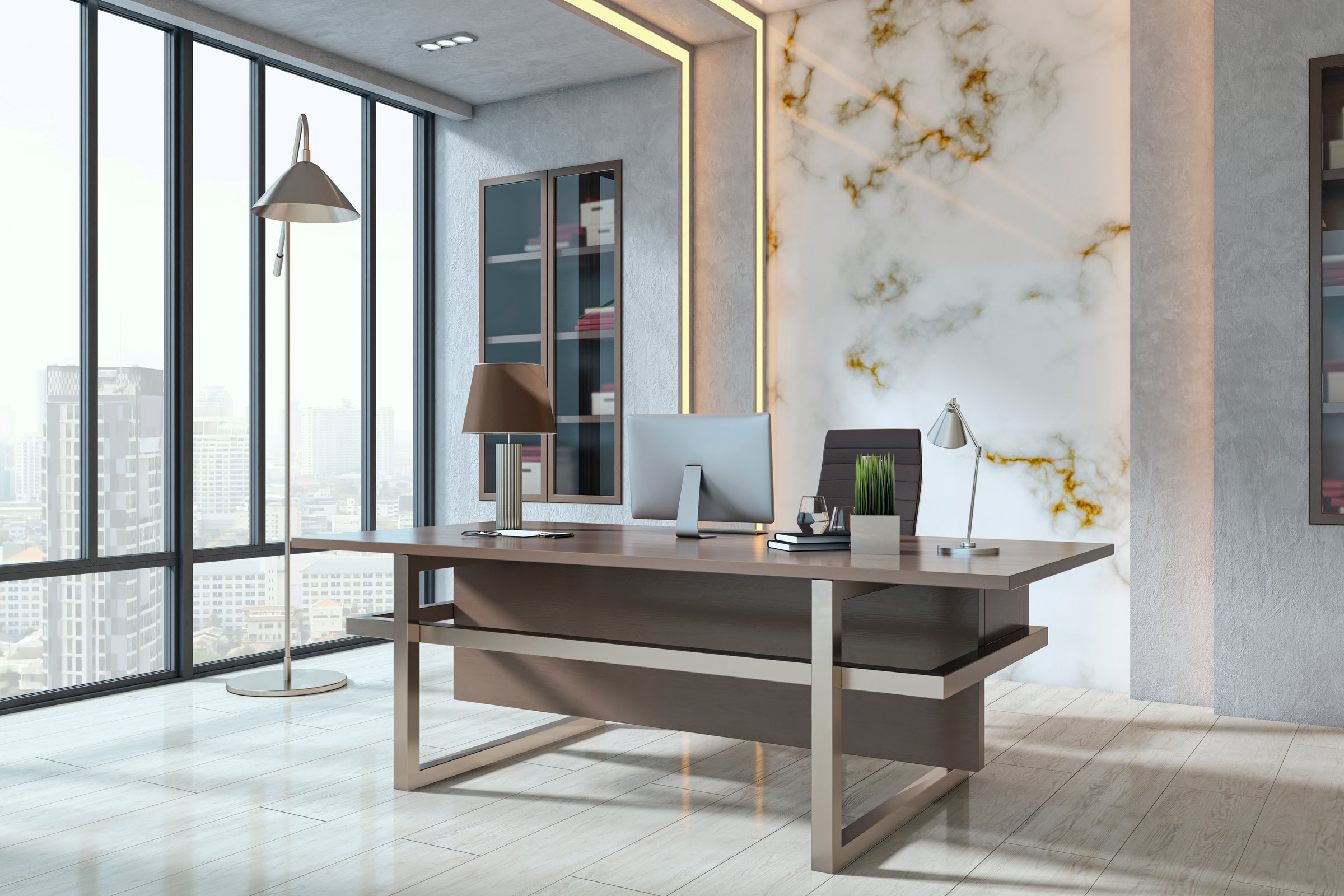 Luxurious modern office with stylish desk and decor