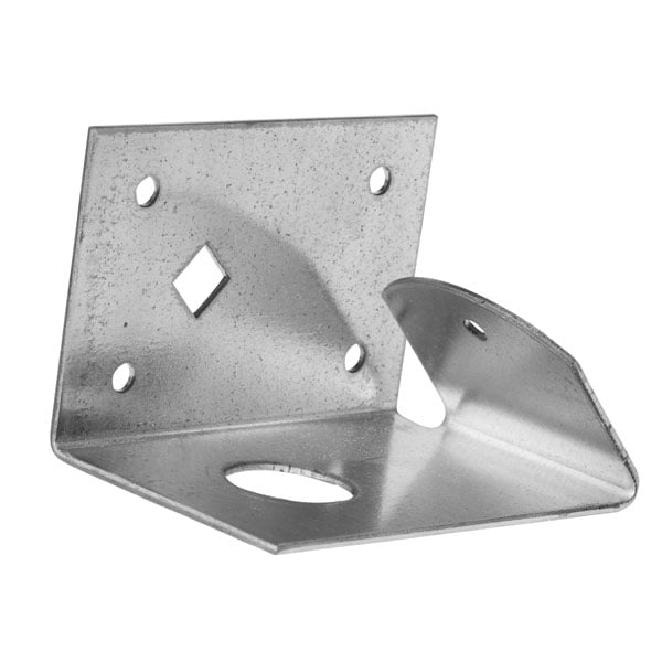 A metal angle bracket with pre-drilled holes and a diamond-shaped pattern, designed for structural support.