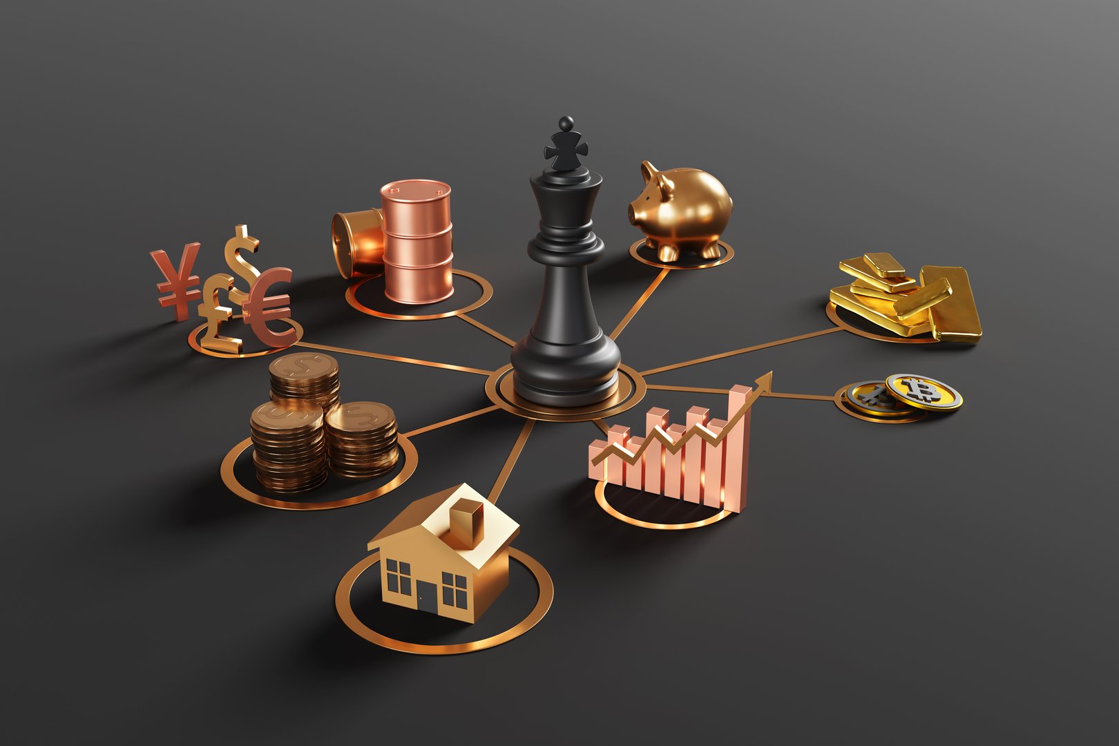 Variety of gold assets surrounding and connecting to the king chess piece in the center in a black background. Illustration of the concept of investment portfolios and wealth diversification