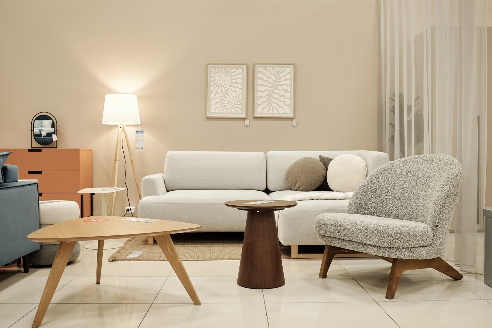 Modern furniture arrangement featuring contemporary sofa, armchair, coffee tables and floor lamp positioned in showroom setting, wall art and decorative accessories enhancing furniture store display