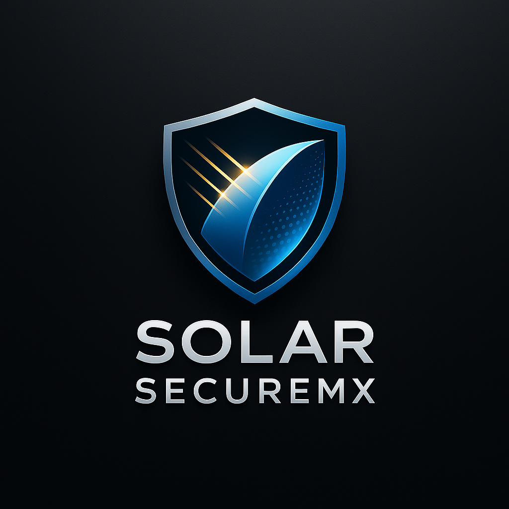 Logo with a blue shield design featuring a solar panel and the text Solar SecureMX on a dark background.