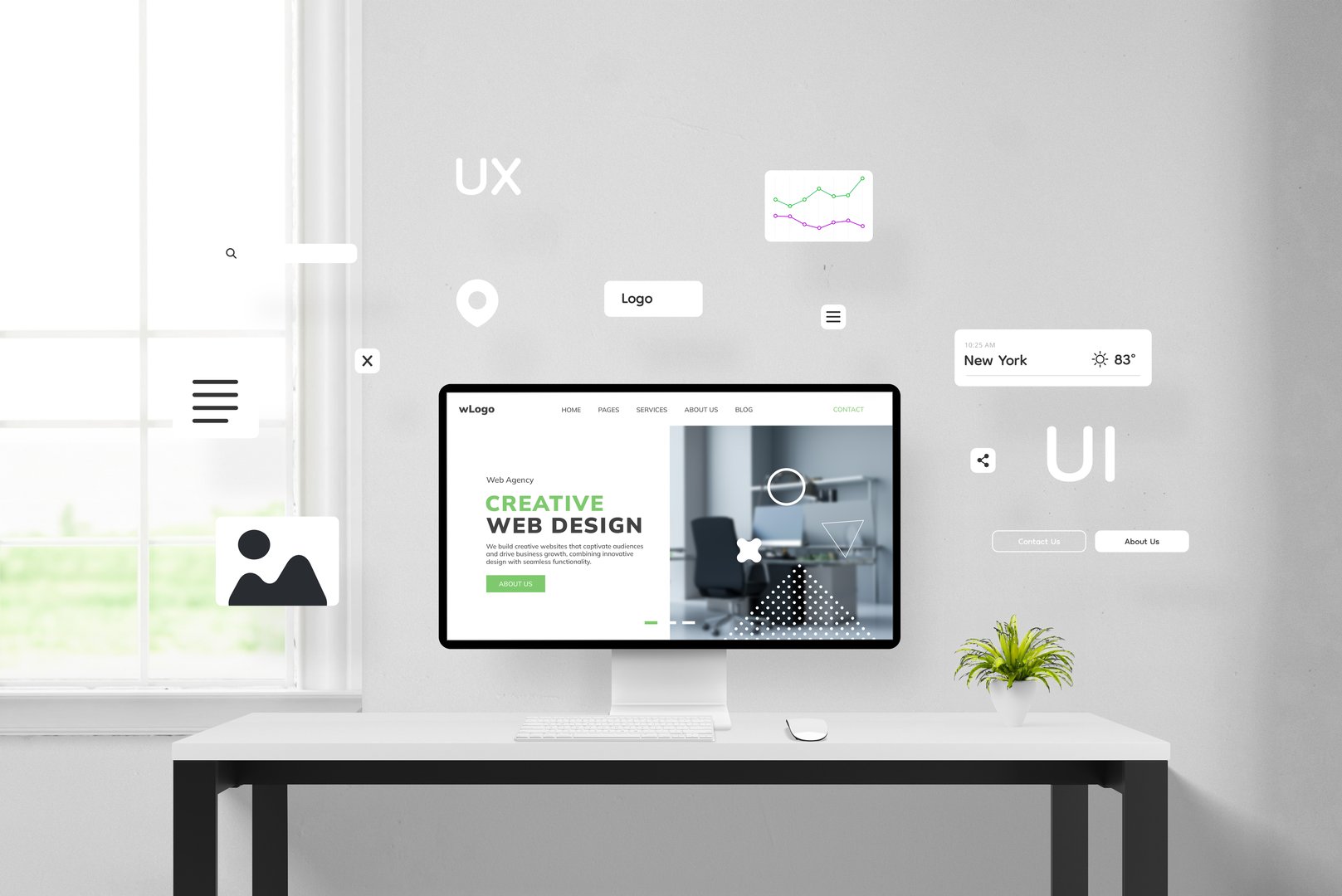 Office desk displaying the creation of a web page with elements flying around a concept web page on a computer display
