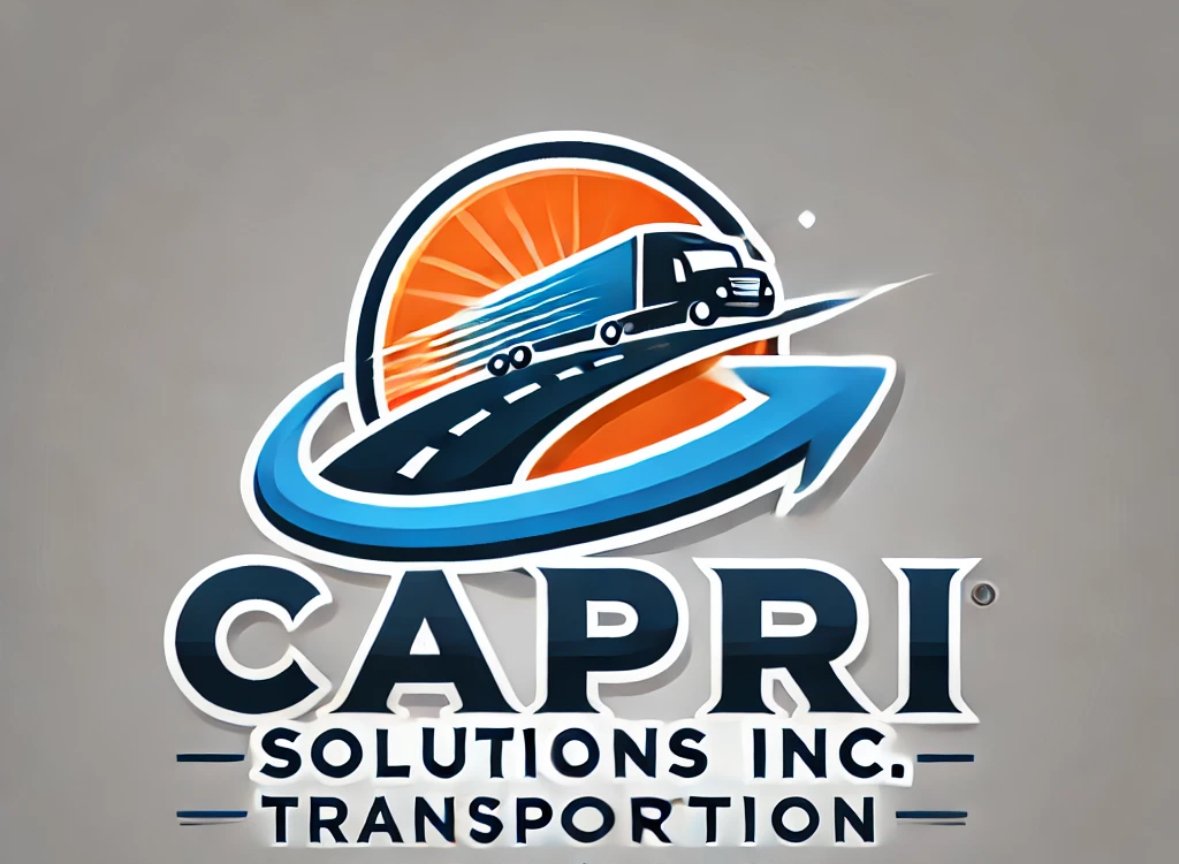 Logo with a truck on a road, sunburst background, and text CAPRI Solutions Inc. Transportation.