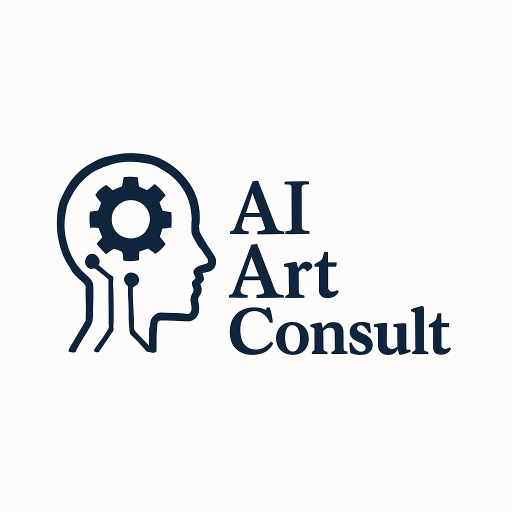 Logo featuring a human head silhouette with a gear inside, next to the text AI Art Consult.