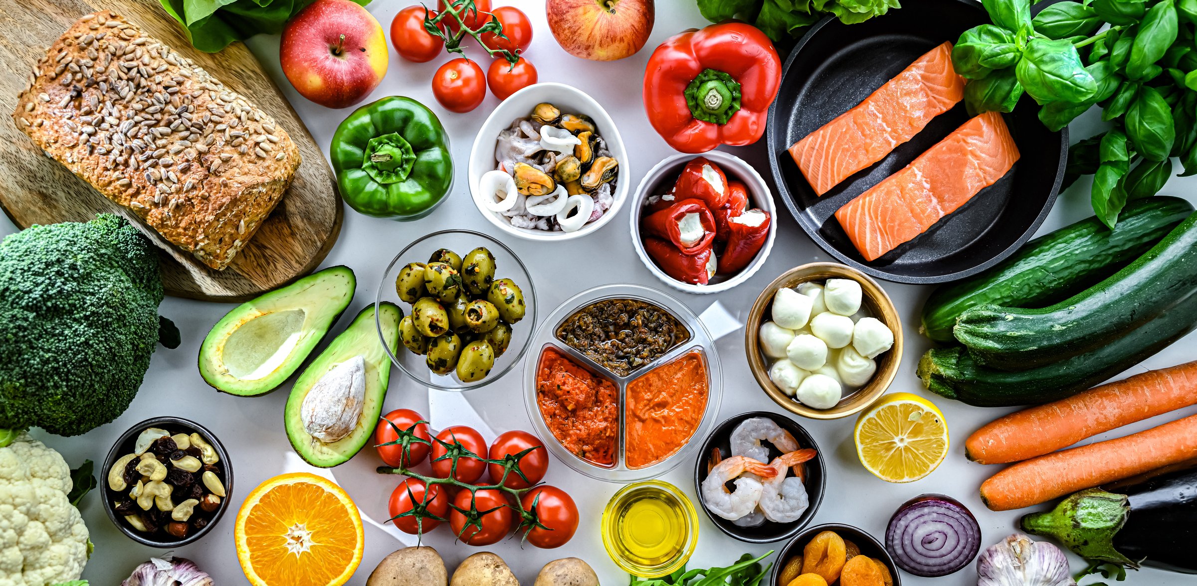 Food products representing the Mediterranean diet.