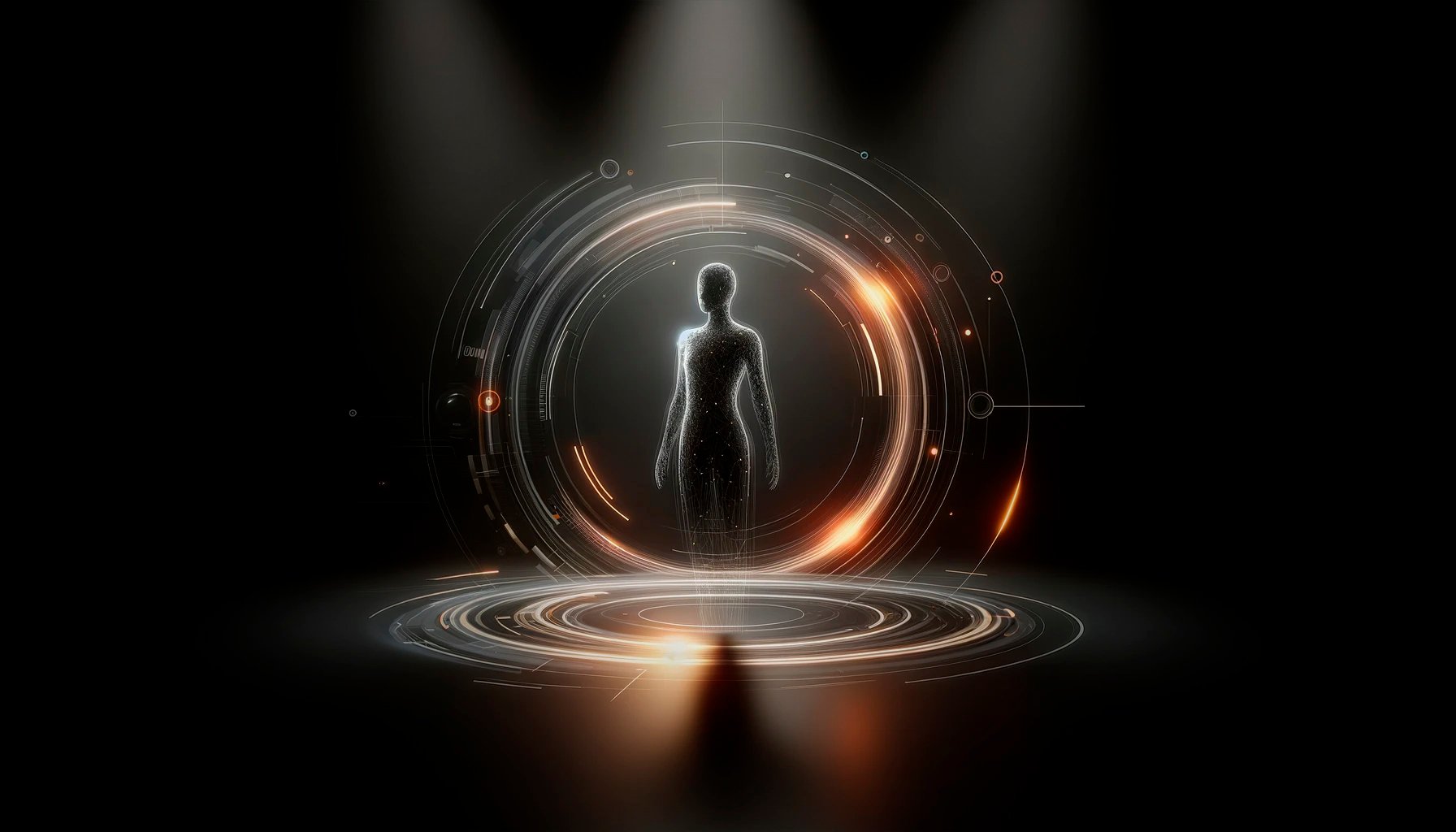 Futuristic silhouette of a person surrounded by glowing digital rings and holographic elements in a dark space.