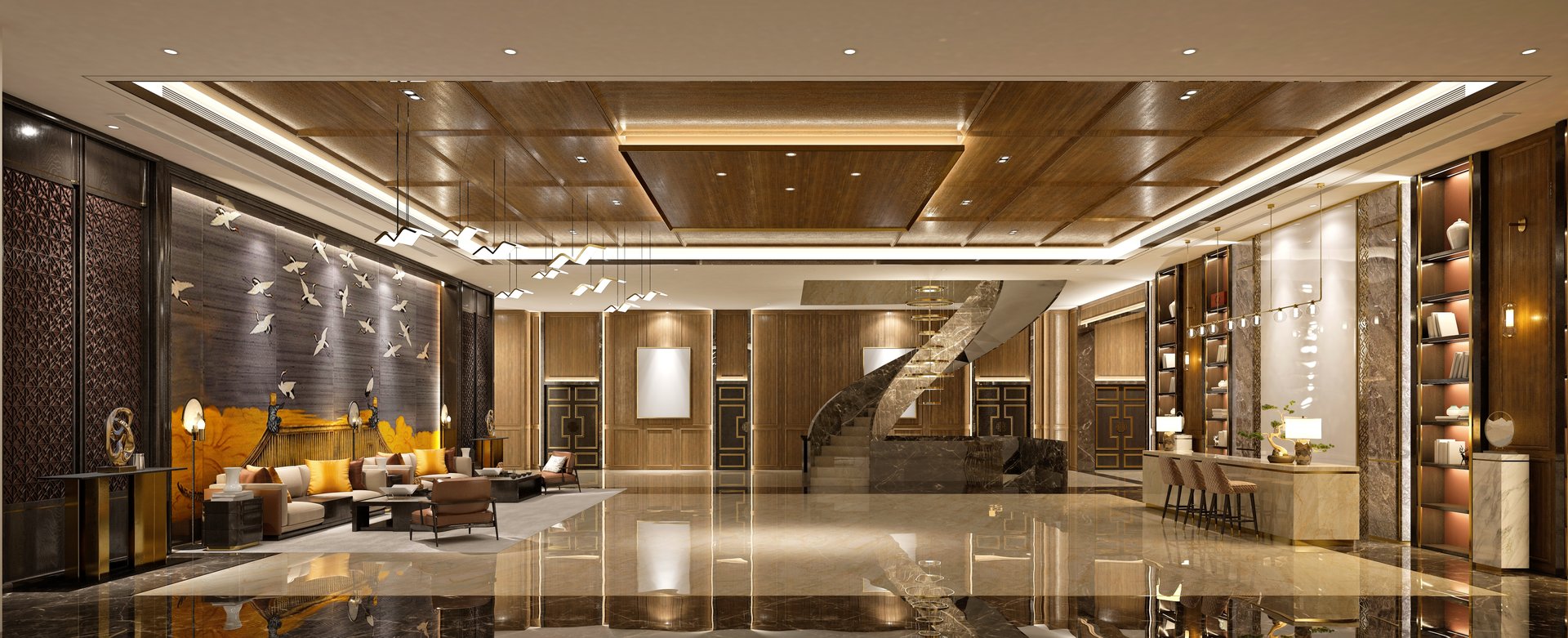 3d render of luxury hotel reception lobby