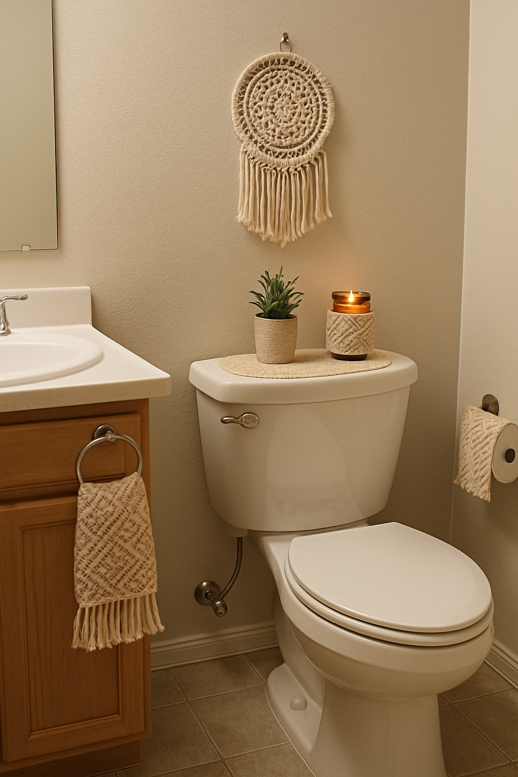 Bathroom with macrame decor, candle, and plant on toilet tank, beige towels, and wooden cabinet under white countertop.
