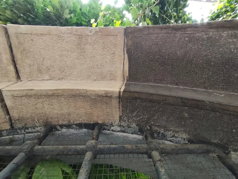 Pulse laser cleaning on stone wall before and after