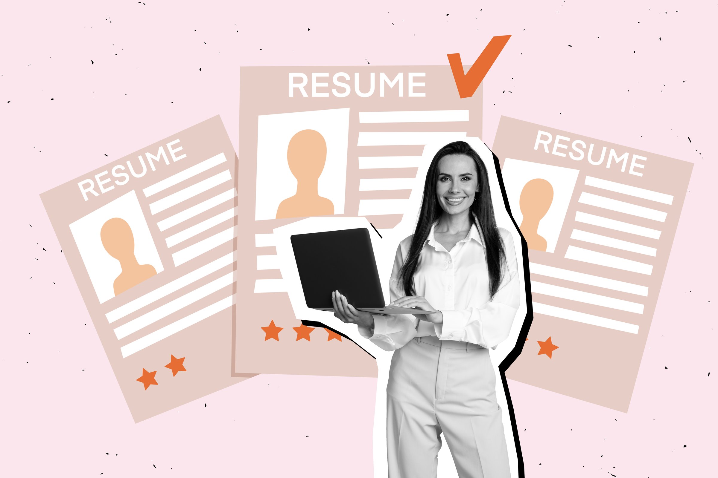 Creative collage picture young employee manager recruiter select candidate resume cv check tick success laptop profile application.