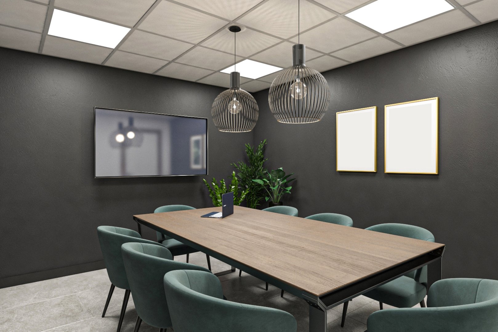 Stylish meeting room with contemporary aesthetics, featuring a wooden table, green chairs, and organizational decor. Utilizes natural tones for a professional and welcoming workspace conducive to collaboration and productivity.
