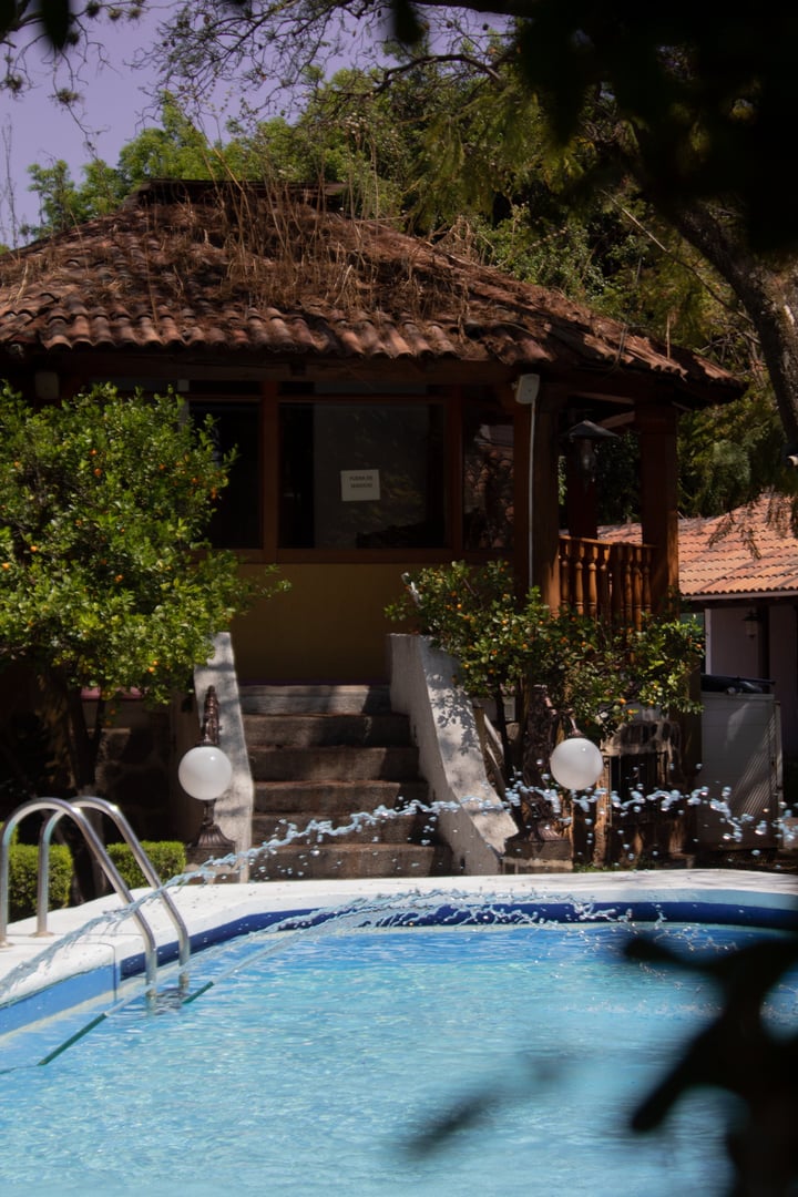 A swimming pool with a splash of water, surrounded by greenery, and a rustic gazebo in the background.