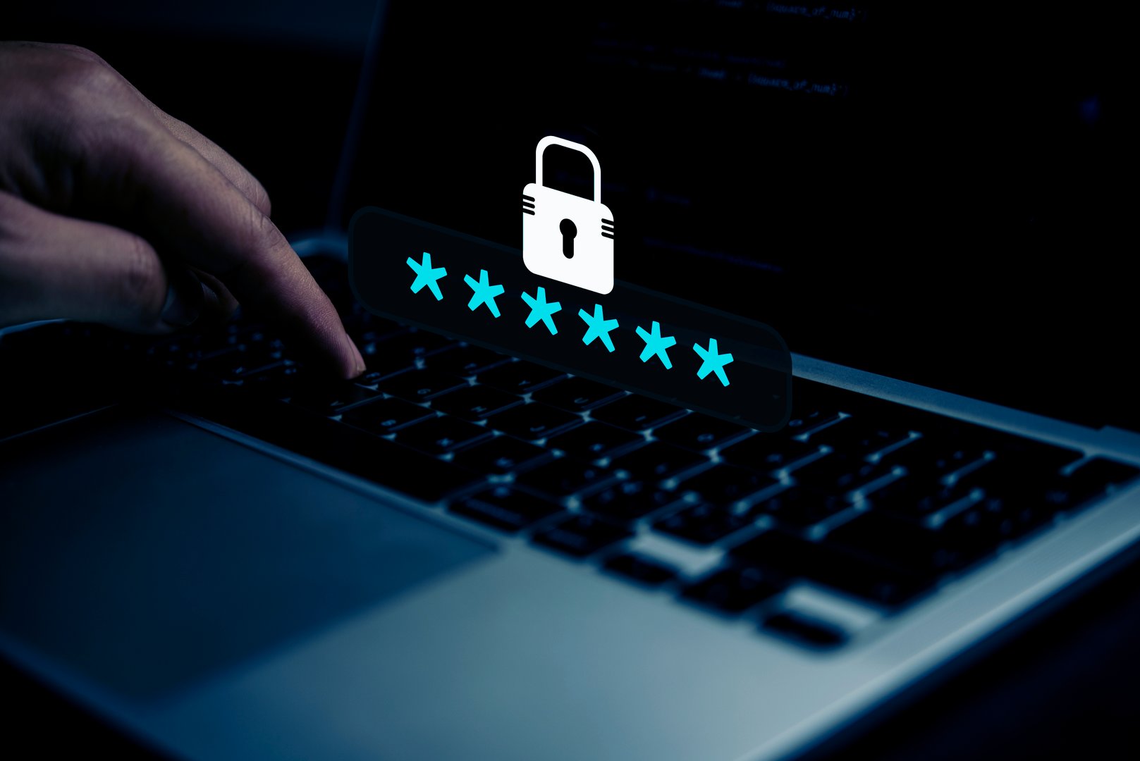 User authentication close-up of a hand typing a hidden password on a laptop, highlighting digital security, privacy protection, secure data, and password strength. Safe Browse.