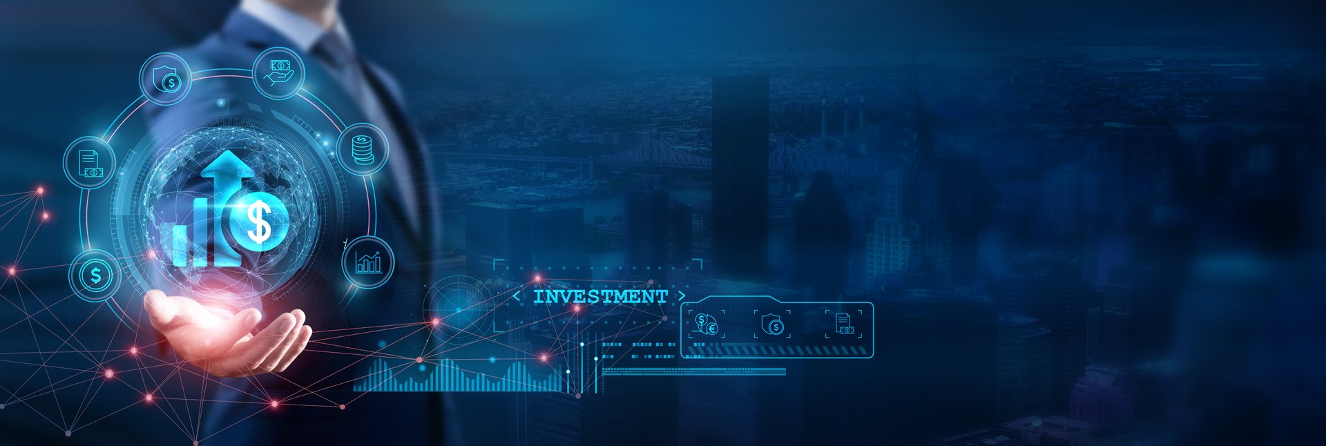 A businessman holds a global structure of investment network technology, enabling the flow of investment across markets, driving economic growth and development by leveraging advanced technologies.