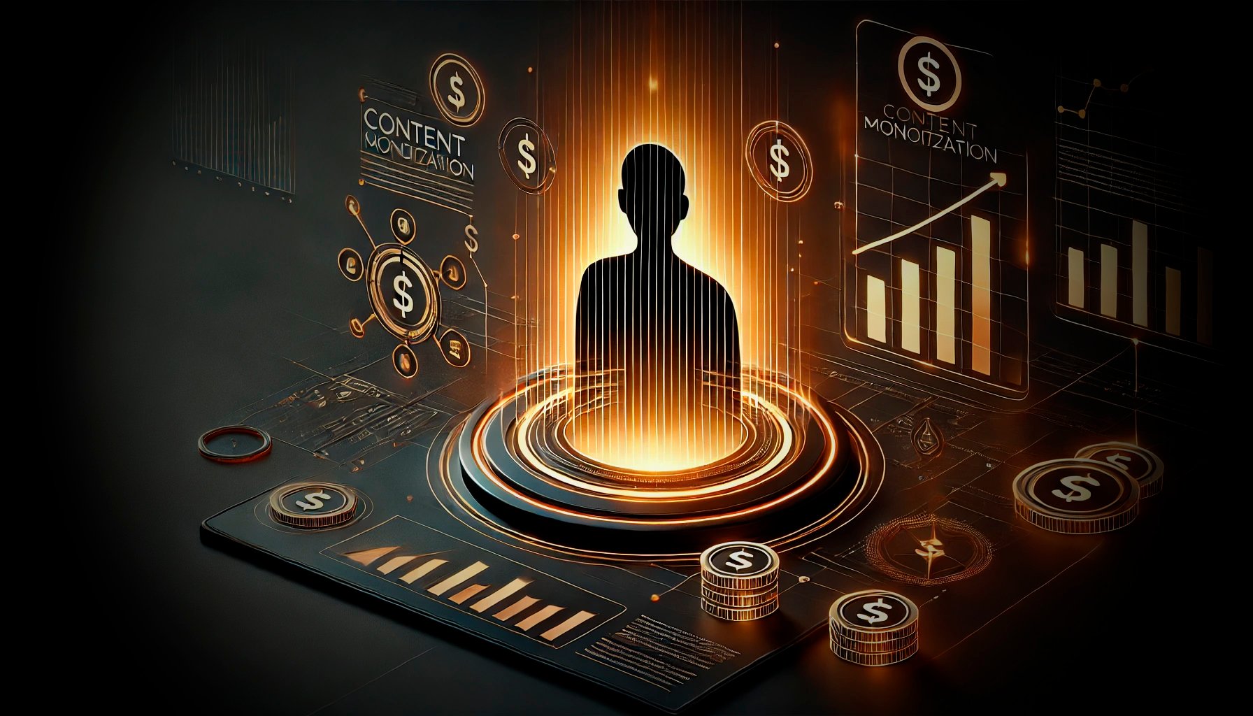 Silhouette surrounded by digital graphics on content monetization, currency symbols, and bar charts in a futuristic style.