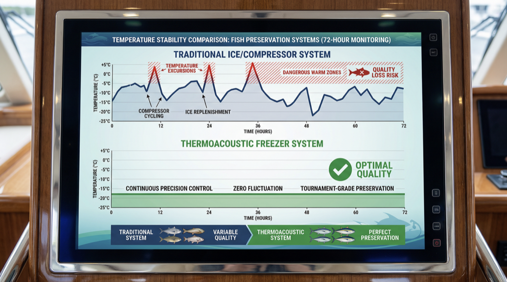 Tournament sportfishing yacht with thermoacoustic fish box cooling
