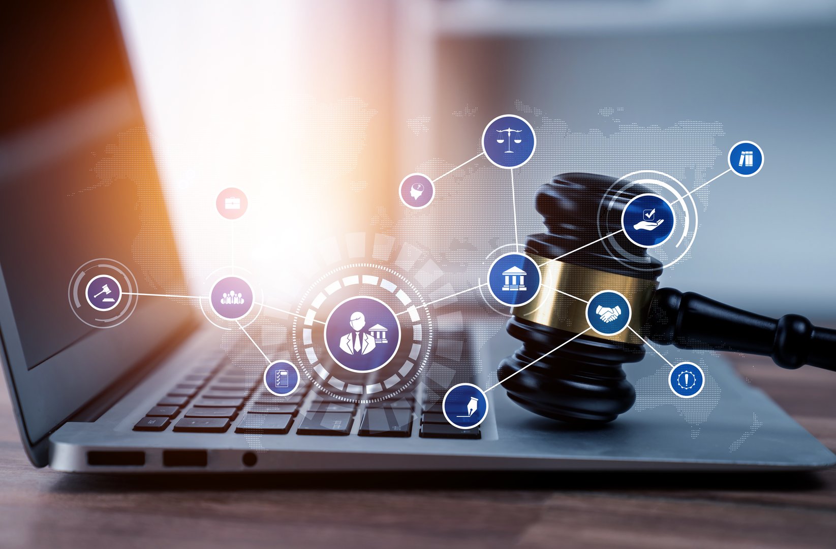 Smart law, legal advice icons and lawyer working tools in the lawyers office showing concept of digital law and online technology of astute law and regulations .
