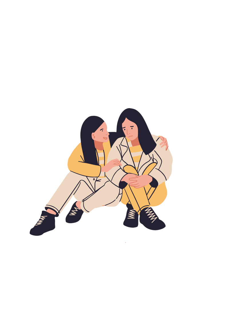 Illustration of two women sitting closely on the ground, one with an arm around the other, both wearing casual outfits.