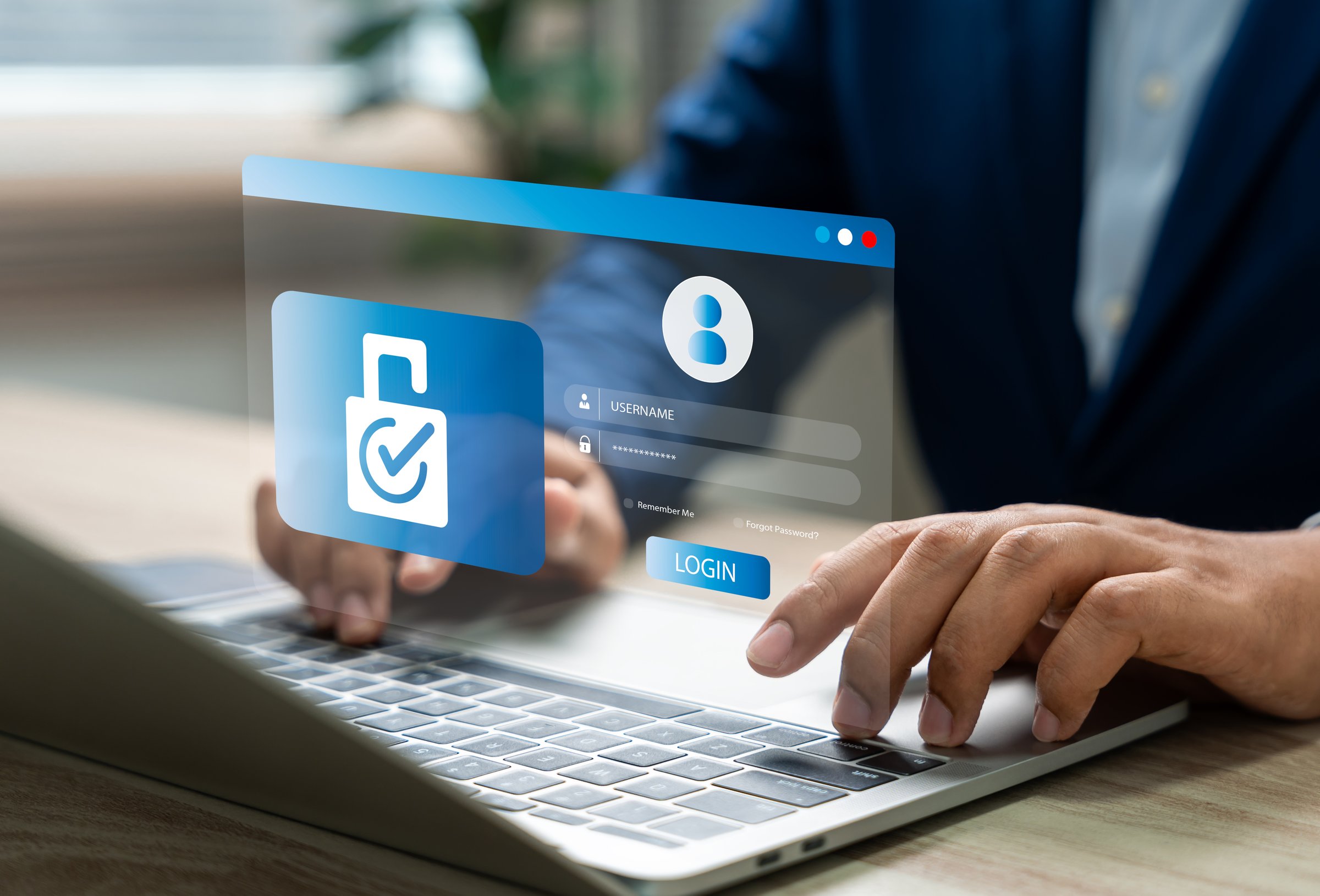 Cybersecurity protects login and secure internet access, Businessman secure data on laptop with encryption and network protection. Secure login and digital privacy, Business confidentiality.